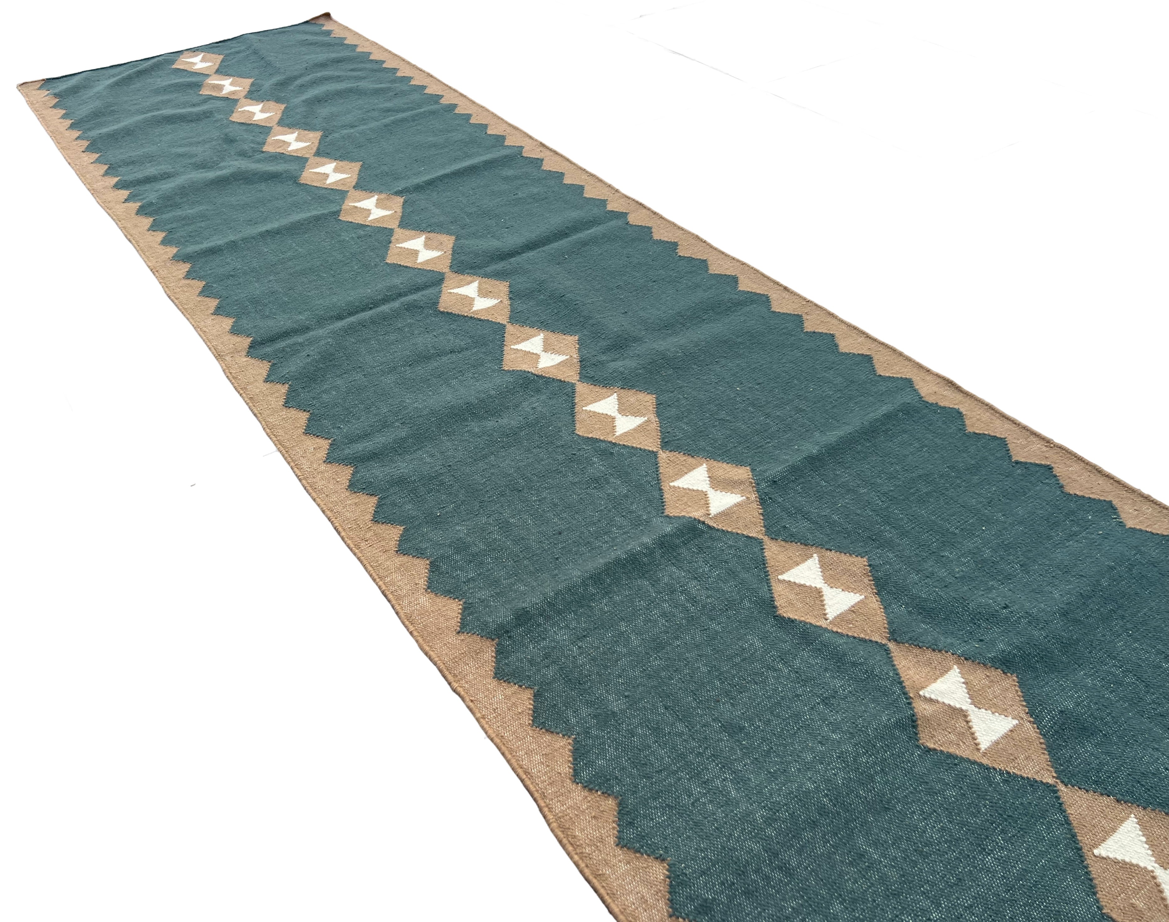 Modern Handmade New Zealand Wool Turquoise Blue, Cream And Beige Geometric Runner-6806