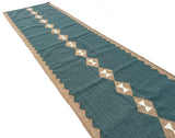 Modern Handmade New Zealand Wool Turquoise Blue, Cream And Beige Geometric Runner-6806