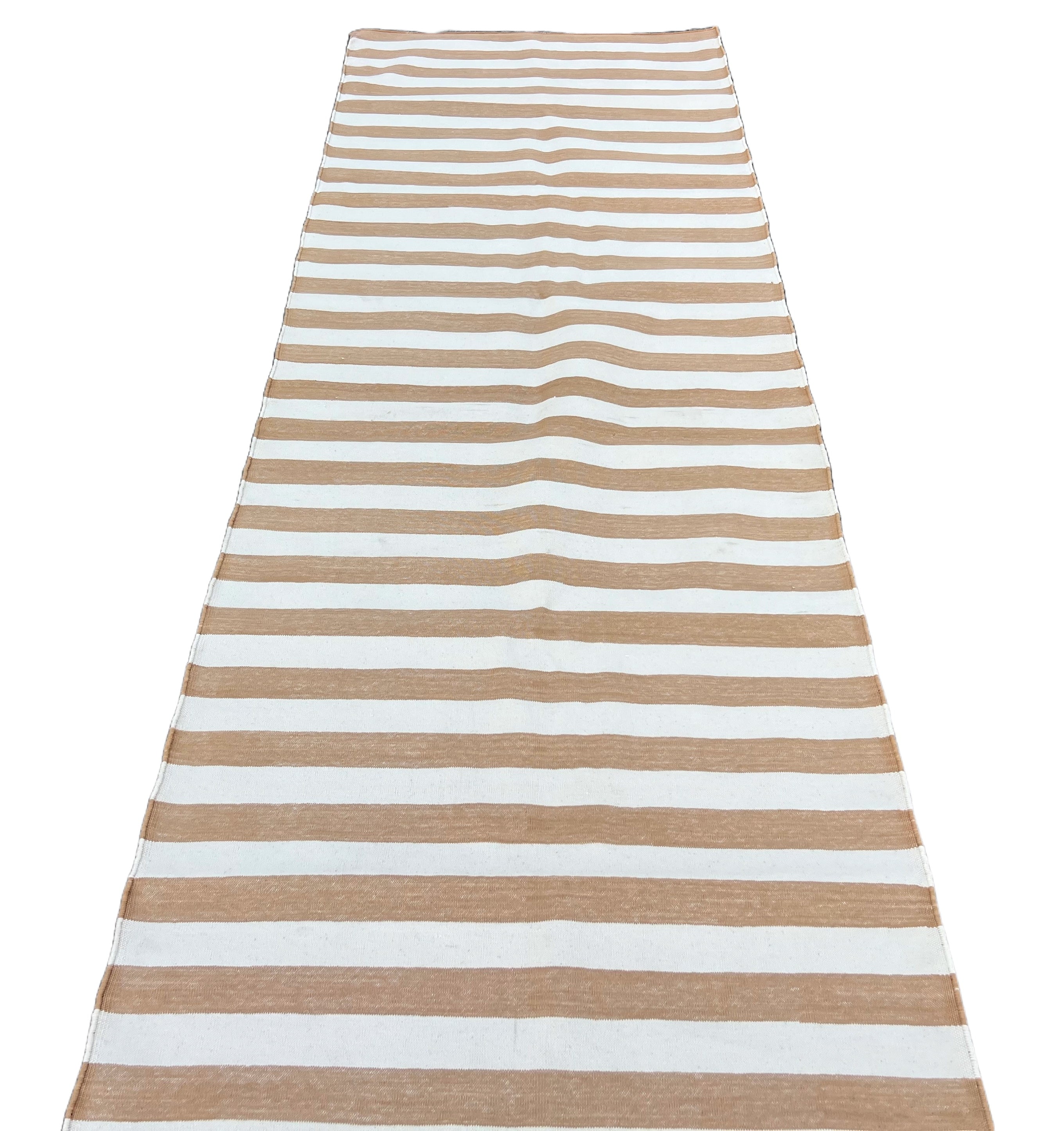 Modern Handmade Cotton Tan And White Striped Runner-6720