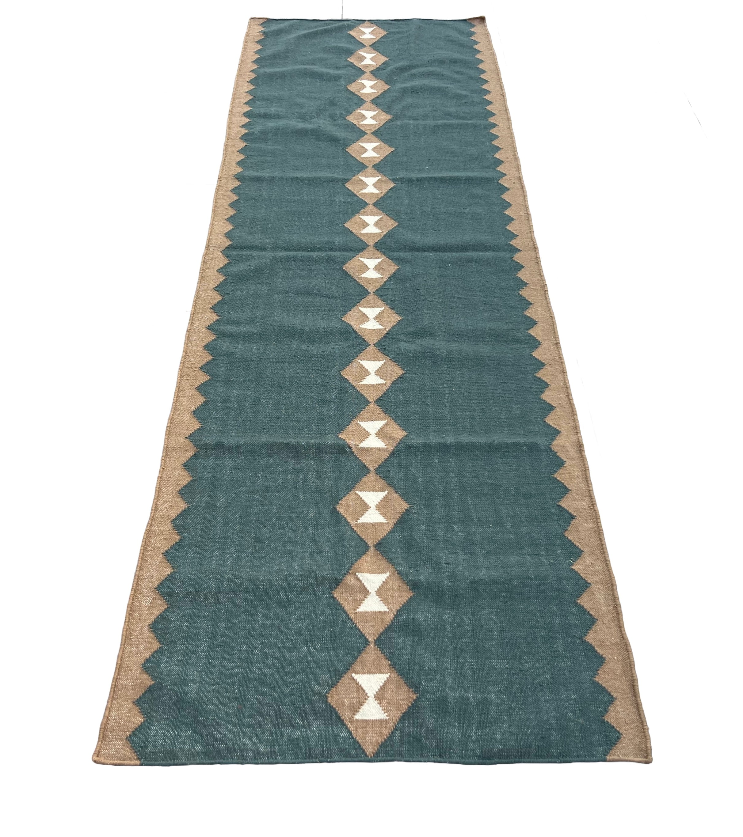Modern Handmade New Zealand Wool Turquoise Blue, Cream And Beige Geometric Runner-6806