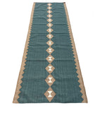 Modern Handmade New Zealand Wool Turquoise Blue, Cream And Beige Geometric Runner-6806