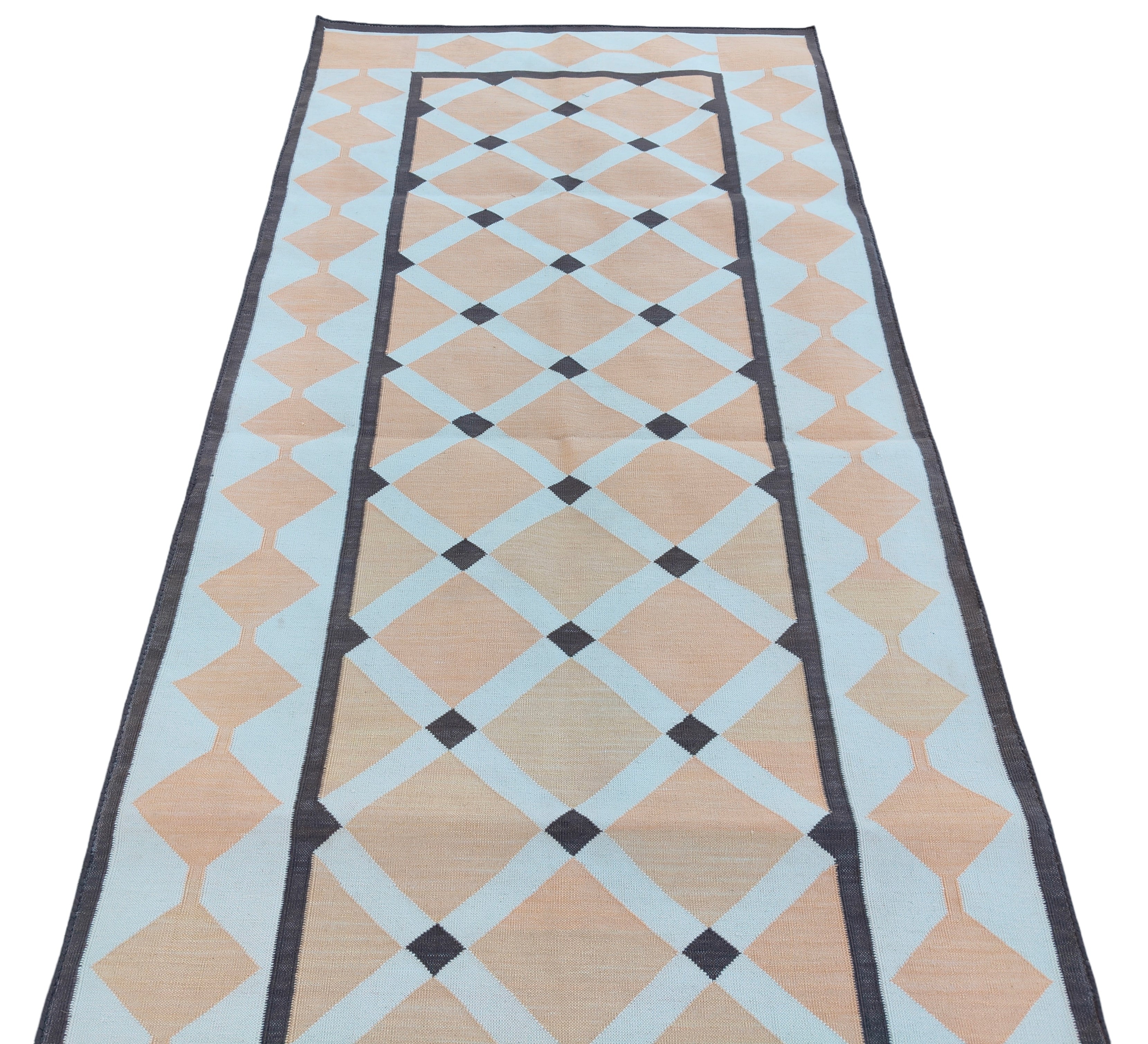 Modern Handmade Cotton Cream, Beige And Brown Geometric Dhurrie Runner-6784