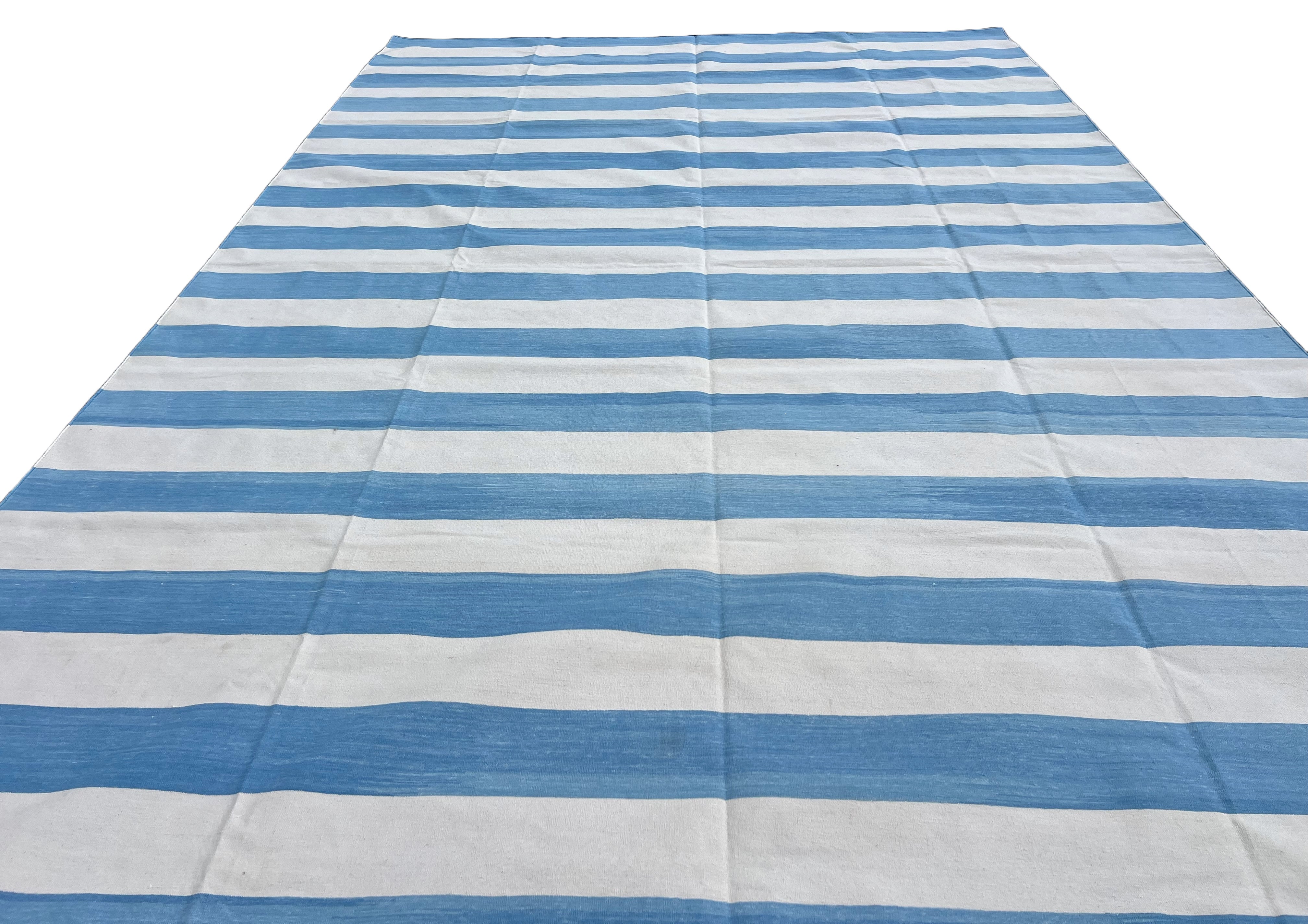 Modern Handmade Cotton Sky Blue And White Striped Area Rug-6754
