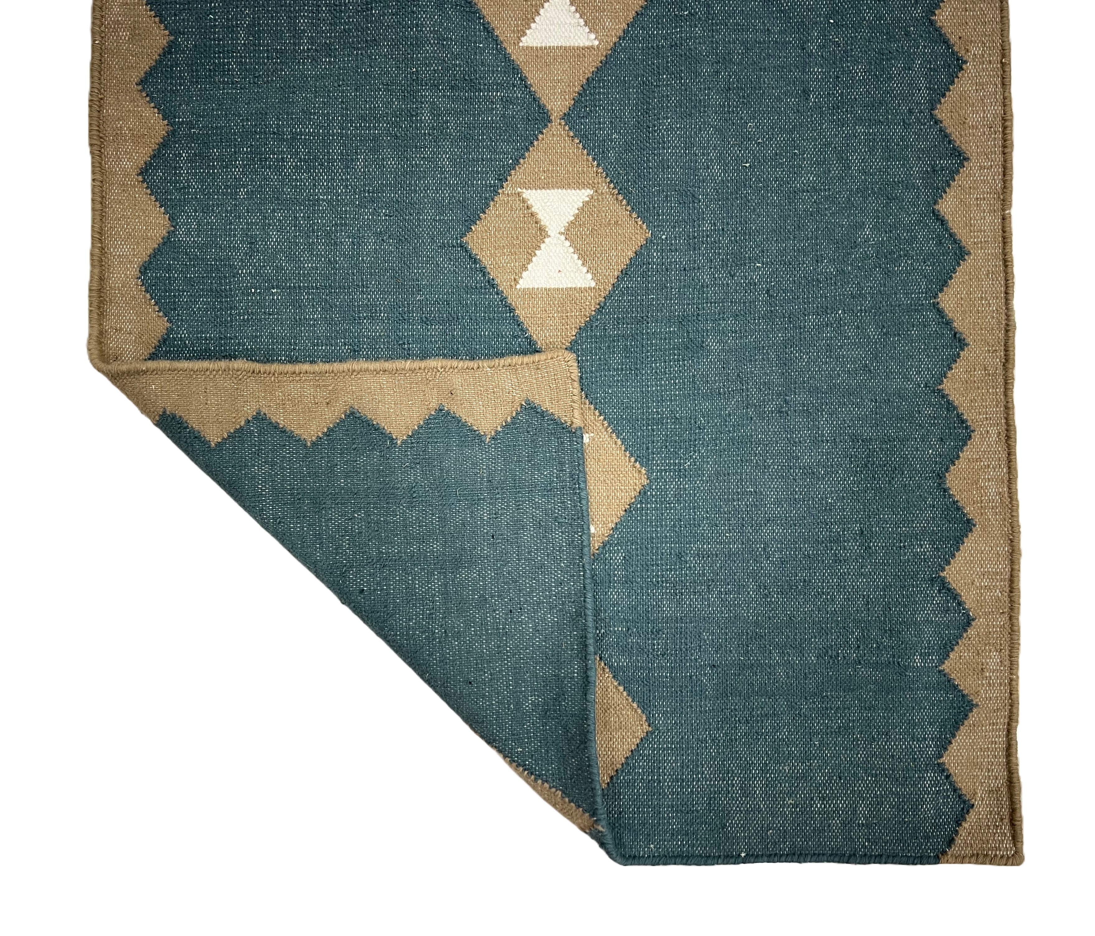 Modern Handmade New Zealand Wool Turquoise Blue, Cream And Beige Geometric Runner-6797