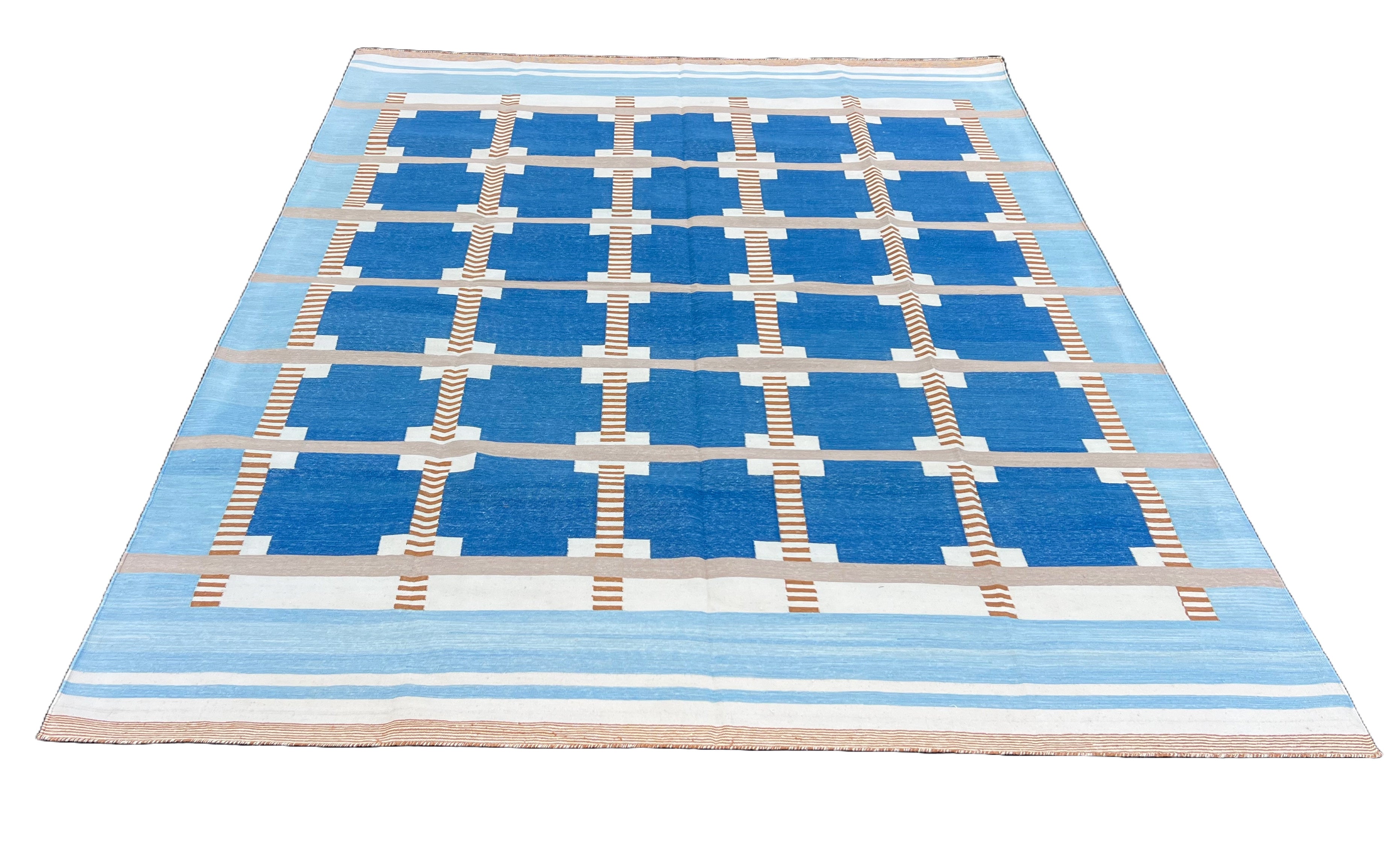 Modern Handmade Cotton Area Flat Weave Rug, Blue, Cream, Beige And Tan Geometric Dhurrie-6751
