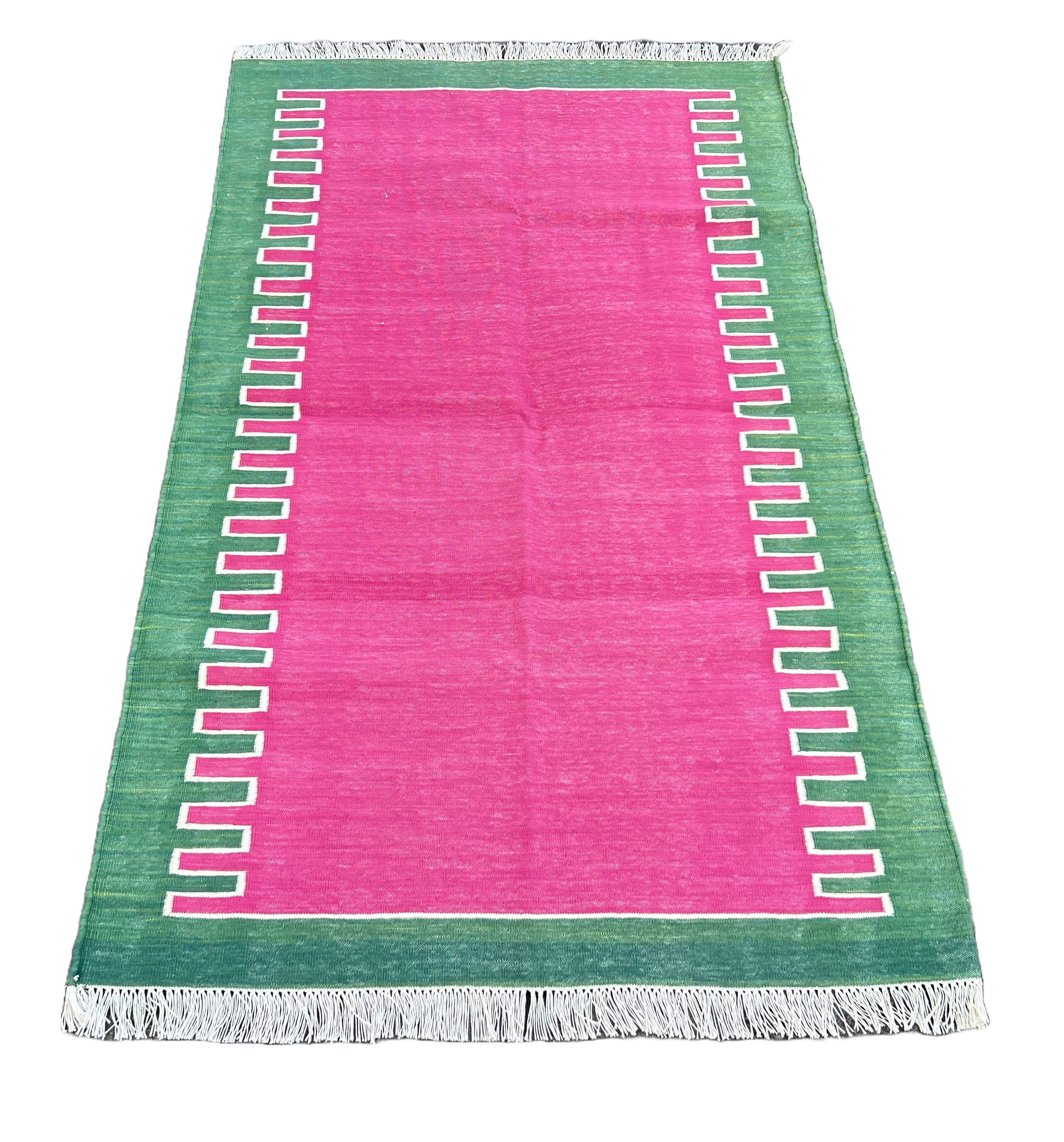 Modern Handmade Cotton Raspberry Pink And Green Zig Zag Striped Rug-6706