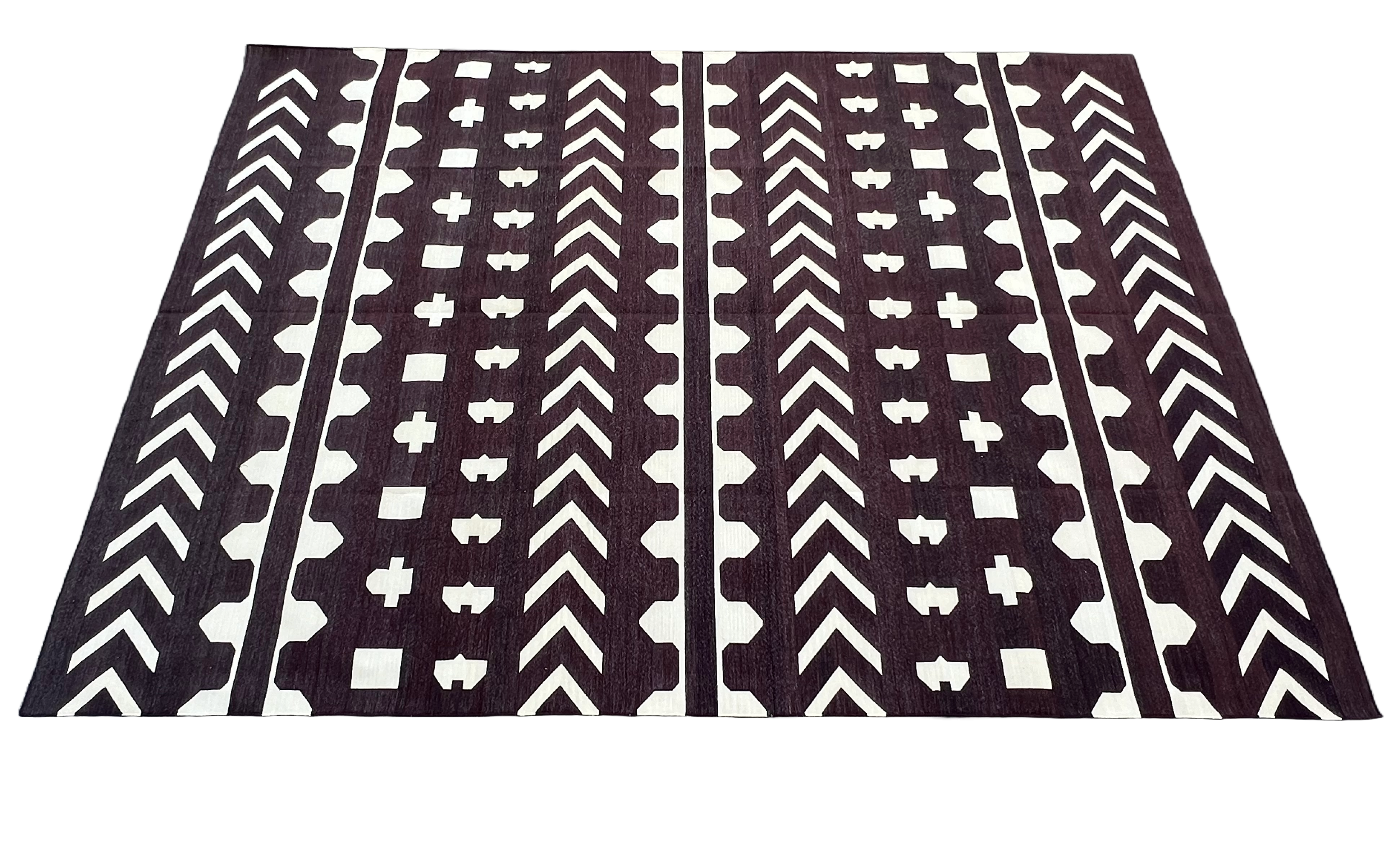 Modern Handmade Cotton Coffee Brown And Cream Geometric Rug-6536