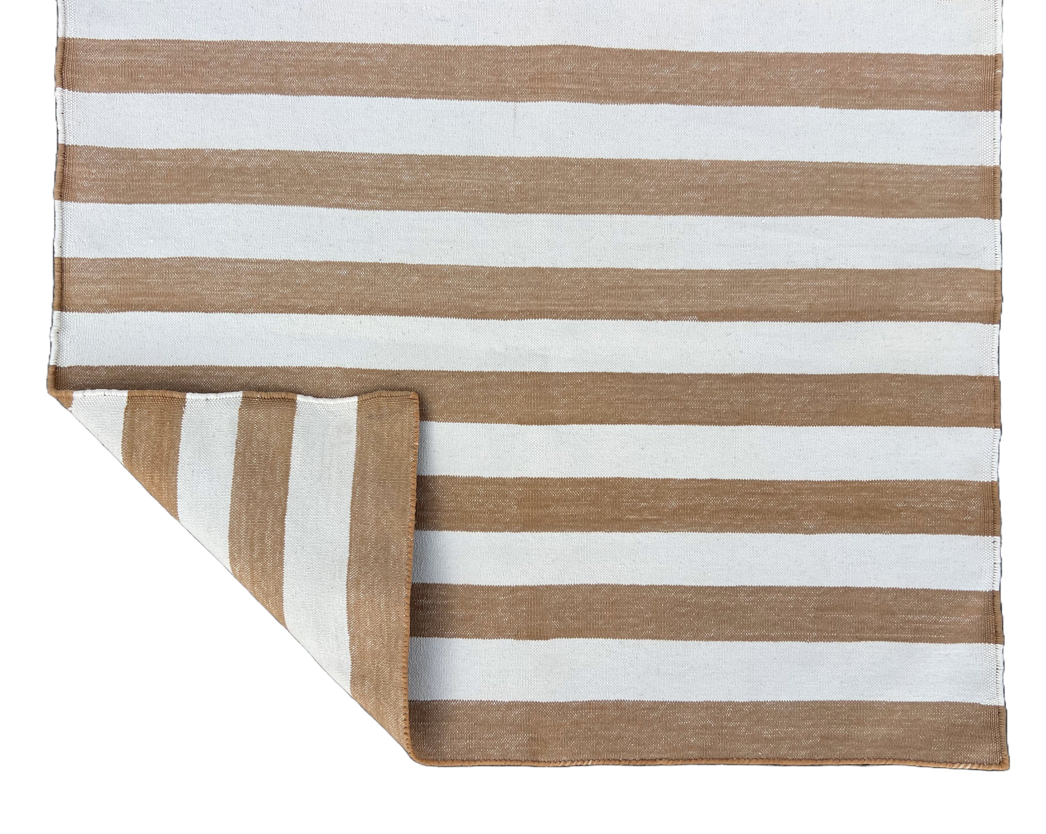 Modern Handmade Cotton Tan And White Striped Runner-6720