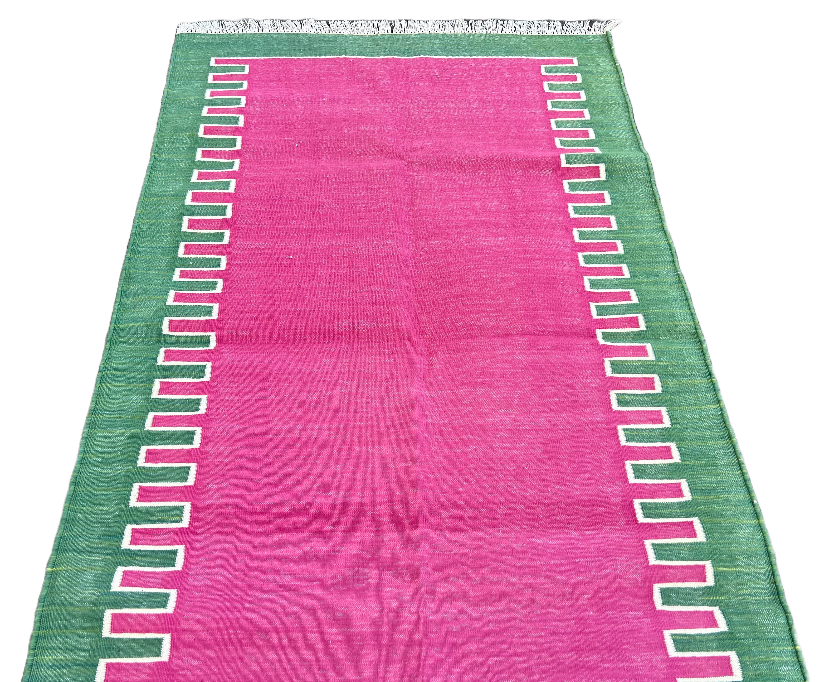 Modern Handmade Cotton Raspberry Pink And Green Zig Zag Striped Rug-6706