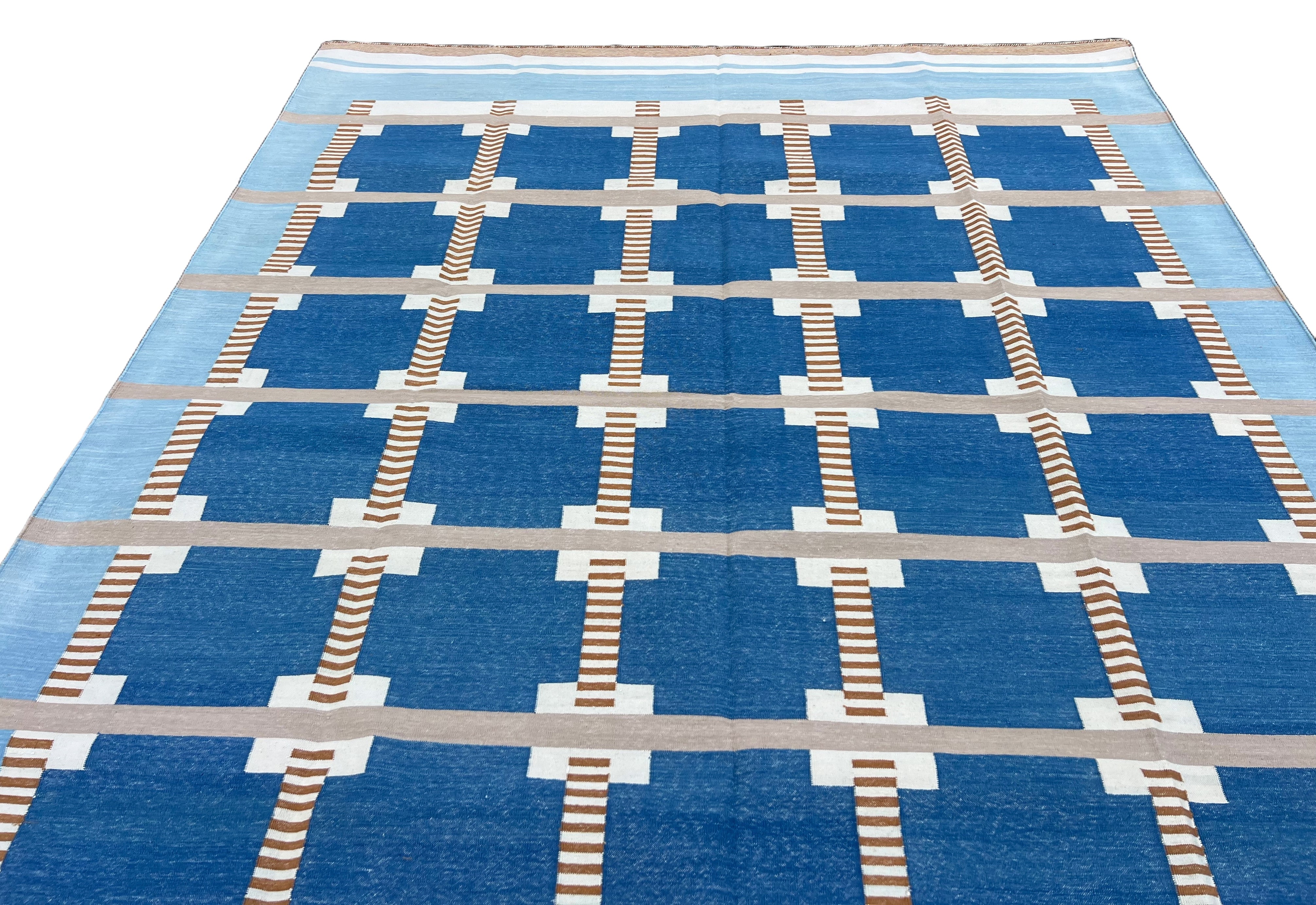 Modern Handmade Cotton Area Flat Weave Rug, Blue, Cream, Beige And Tan Geometric Dhurrie-6751