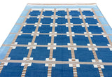Modern Handmade Cotton Area Flat Weave Rug, Blue, Cream, Beige And Tan Geometric Dhurrie-6751