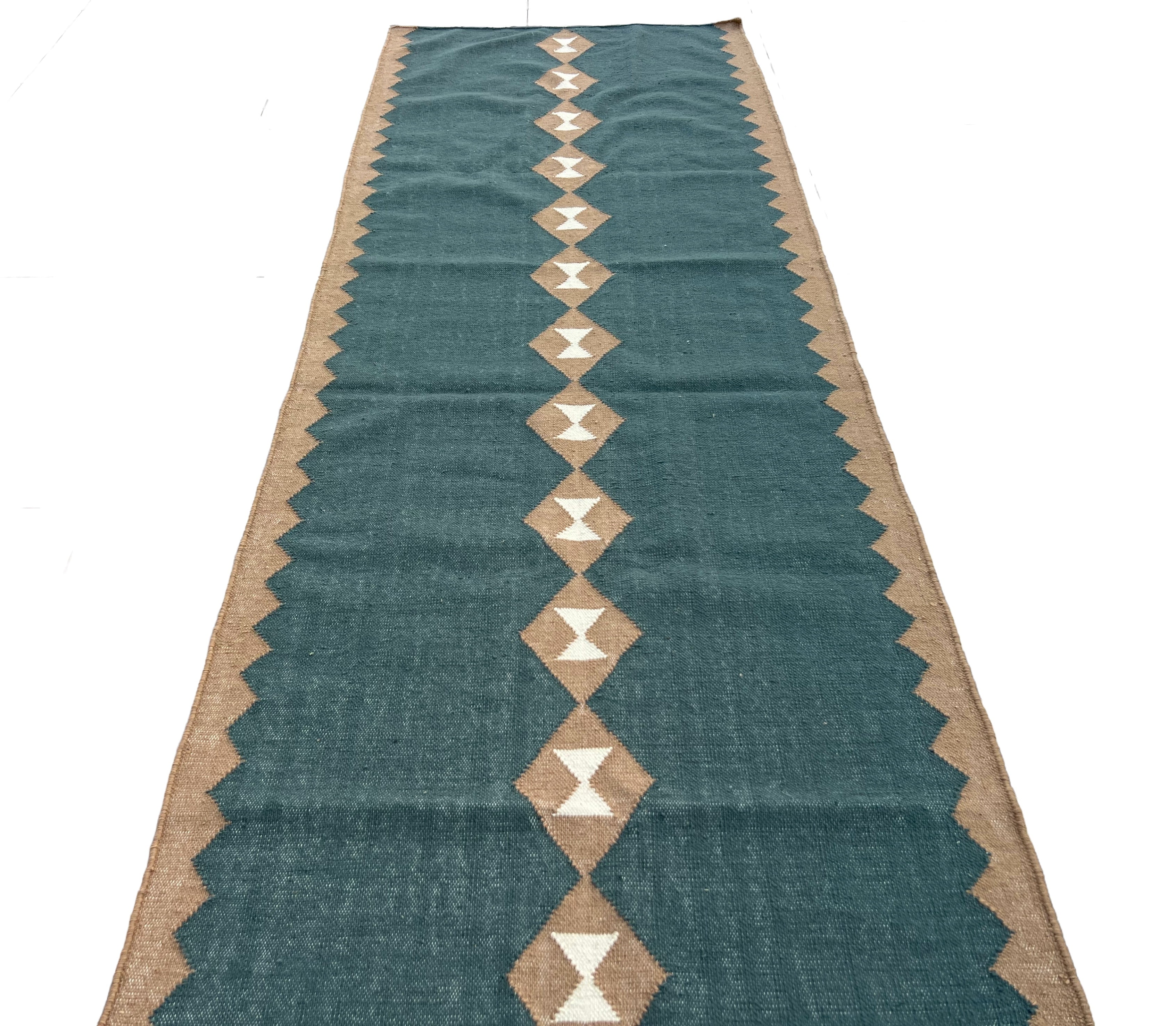Modern Handmade New Zealand Wool Turquoise Blue, Cream And Beige Geometric Runner-6806