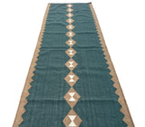 Modern Handmade New Zealand Wool Turquoise Blue, Cream And Beige Geometric Runner-6806