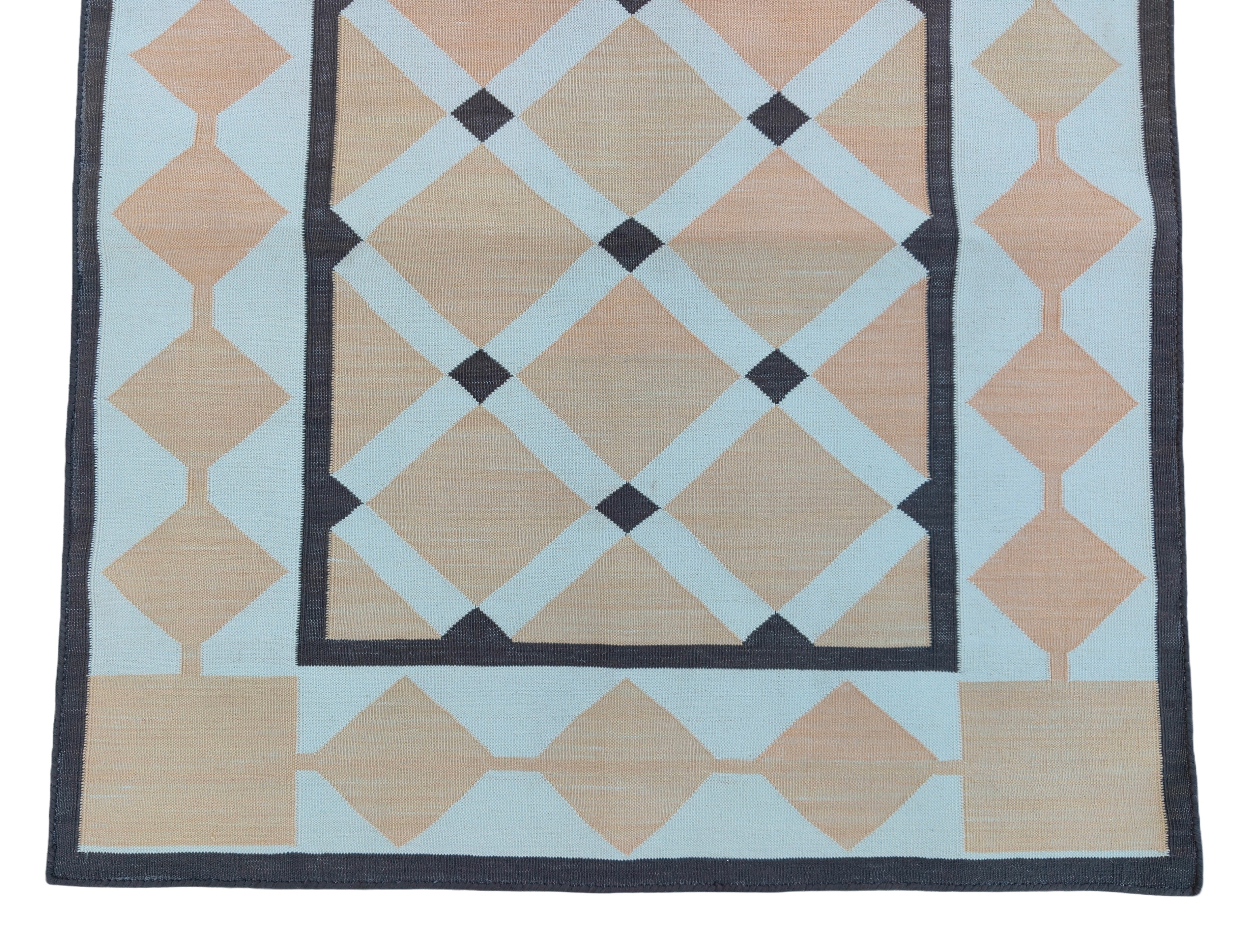 Modern Handmade Cotton Cream, Beige And Brown Geometric Dhurrie Runner-6784
