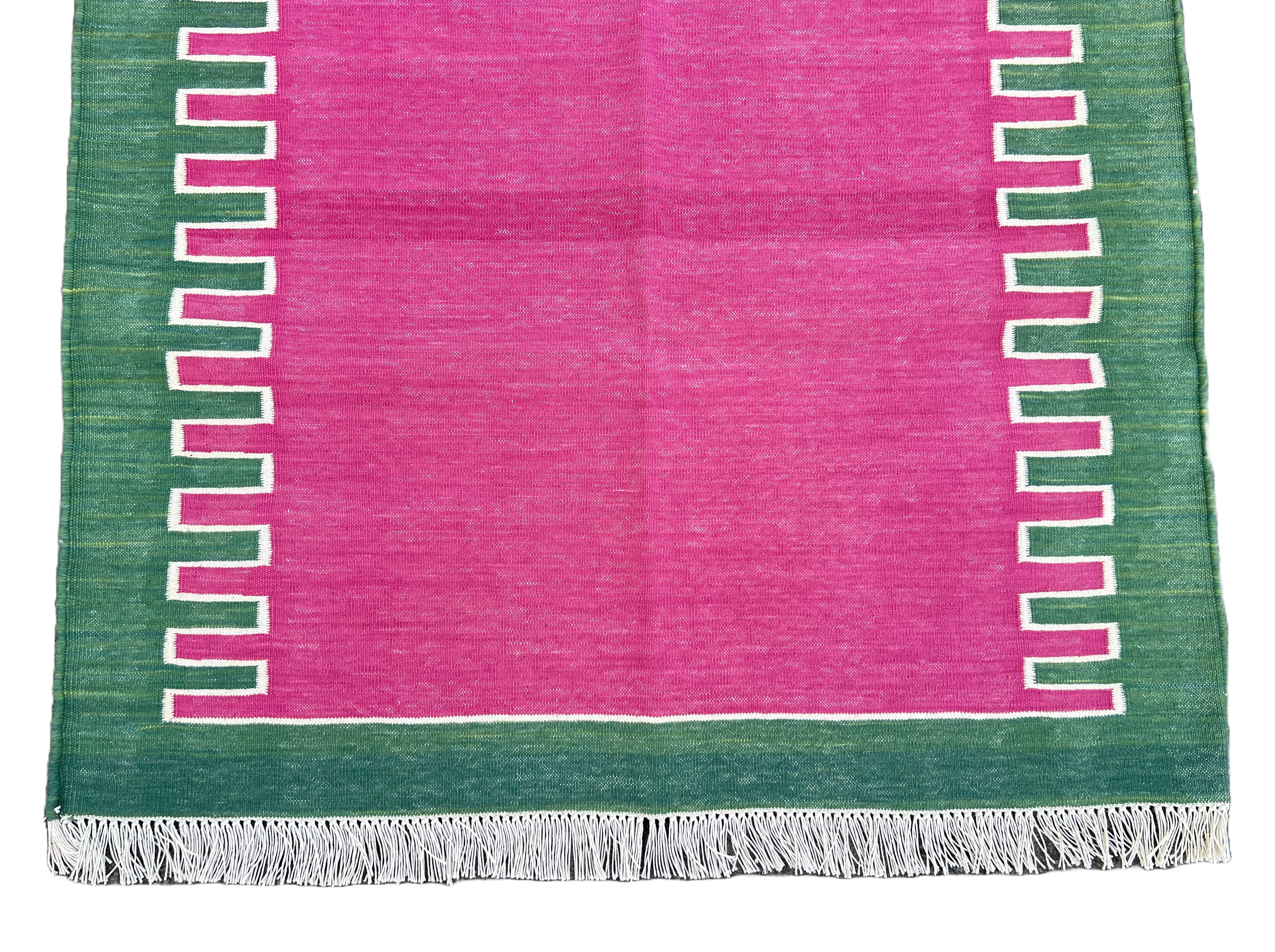 Modern Handmade Cotton Raspberry Pink And Green Zig Zag Striped Rug-6706