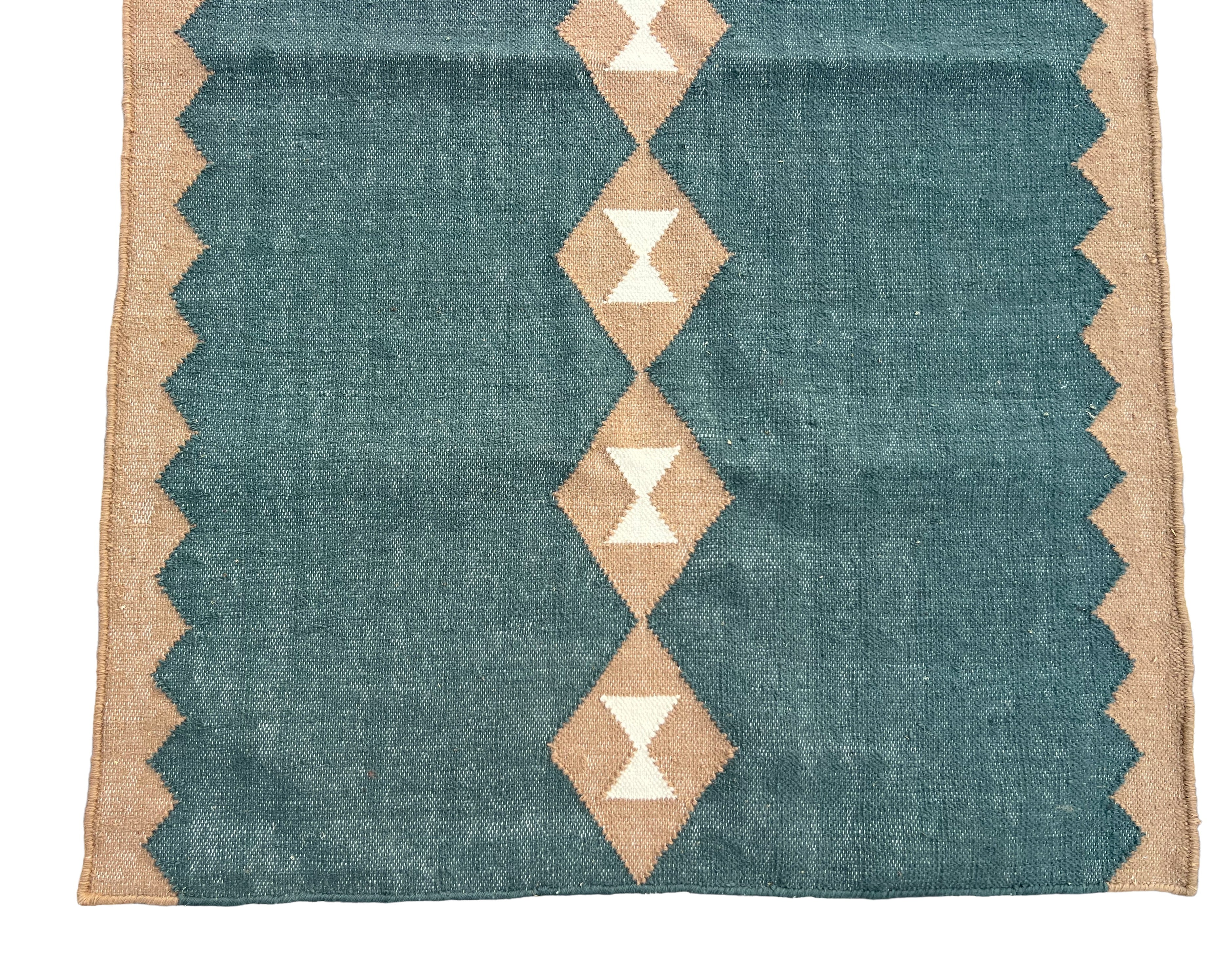 Modern Handmade New Zealand Wool Turquoise Blue, Cream And Beige Geometric Runner-6806
