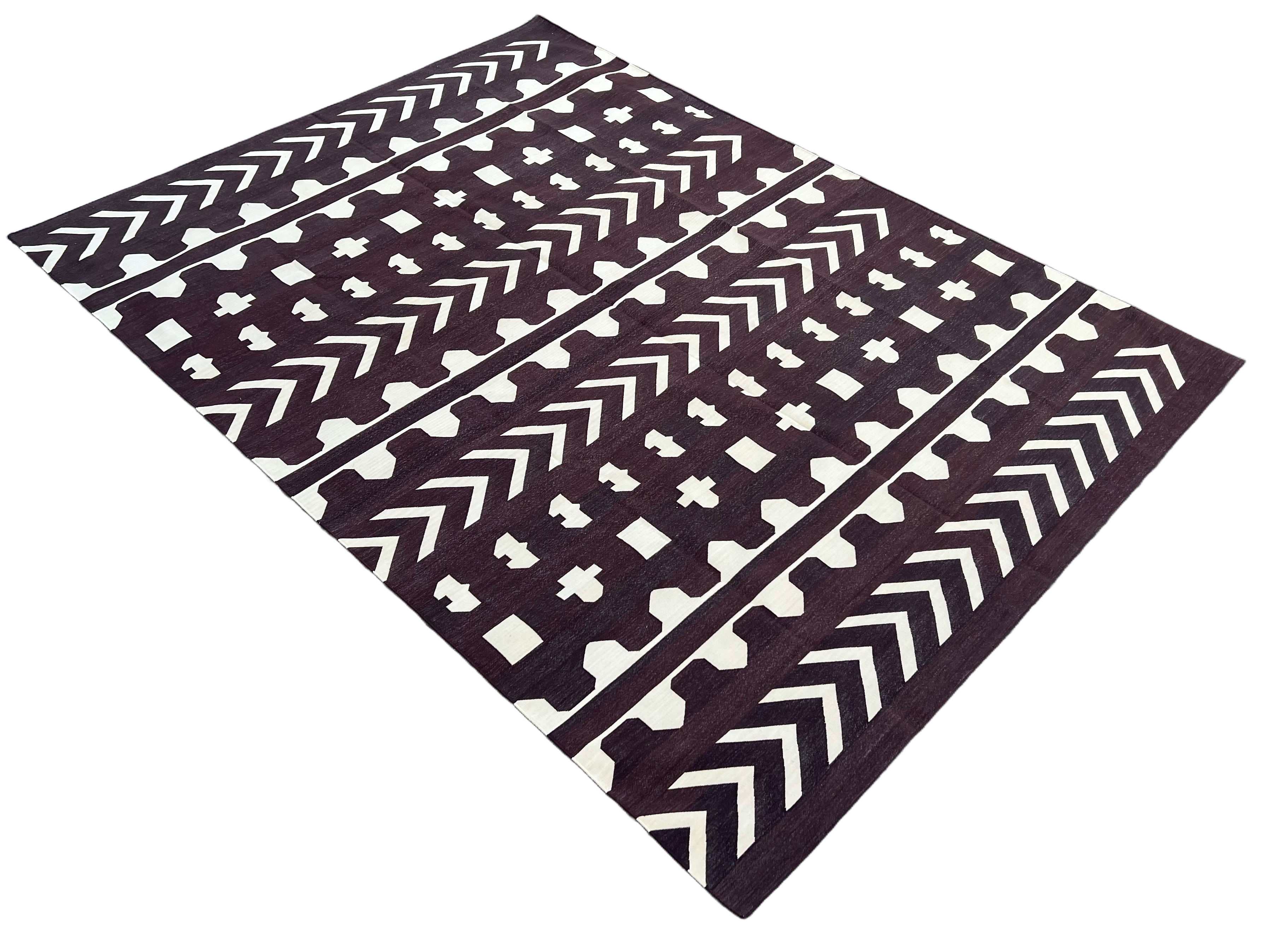 Modern Handmade Cotton Coffee Brown And Cream Geometric Rug-6536