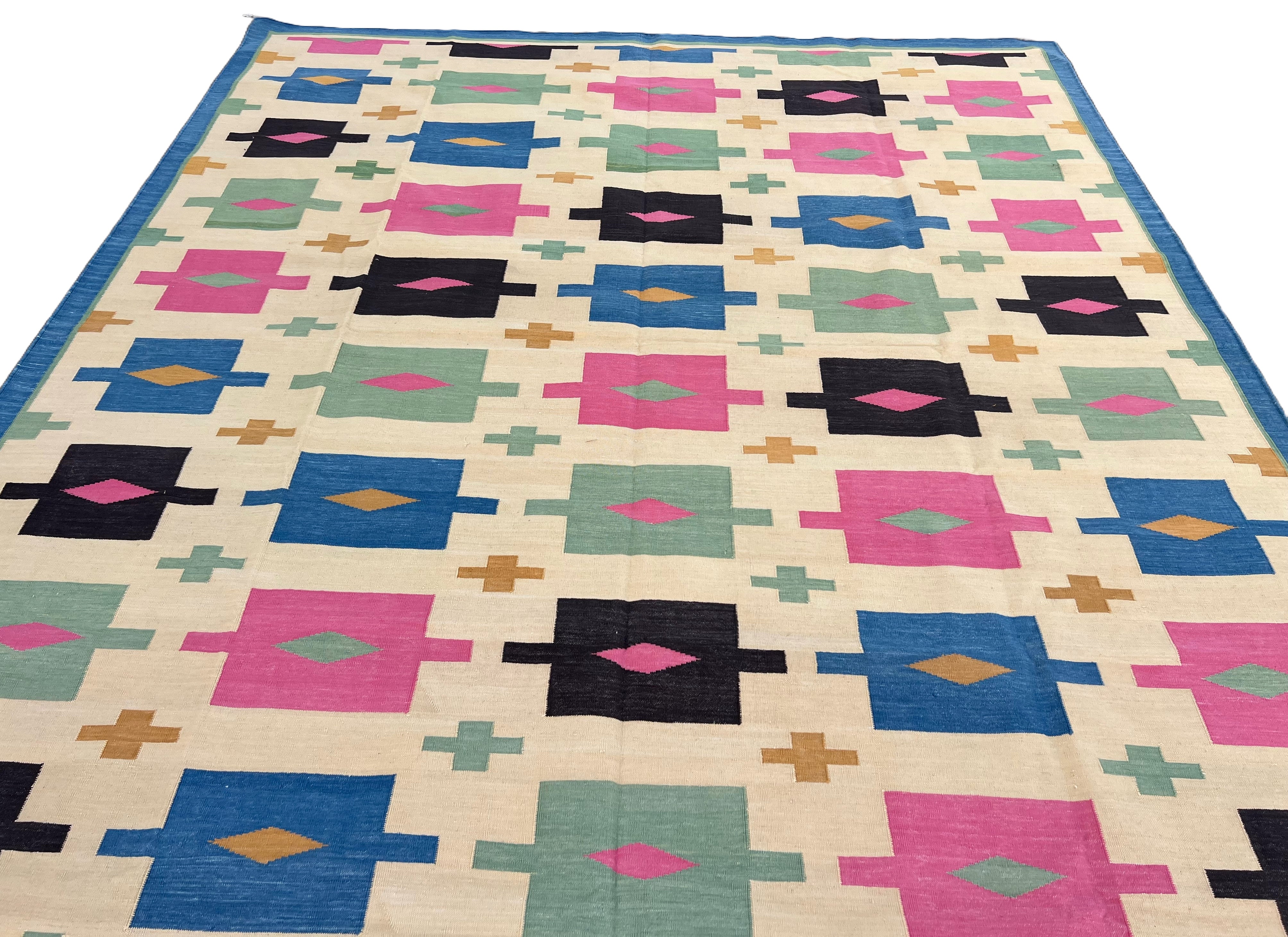 Modern Handmade Cotton Area Flat Weave Rug, Cream, Brown, Pink And Blue Geometric Dhurrie-6721