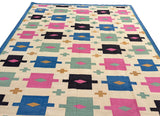 Modern Handmade Cotton Area Flat Weave Rug, Cream, Brown, Pink And Blue Geometric Dhurrie-6721