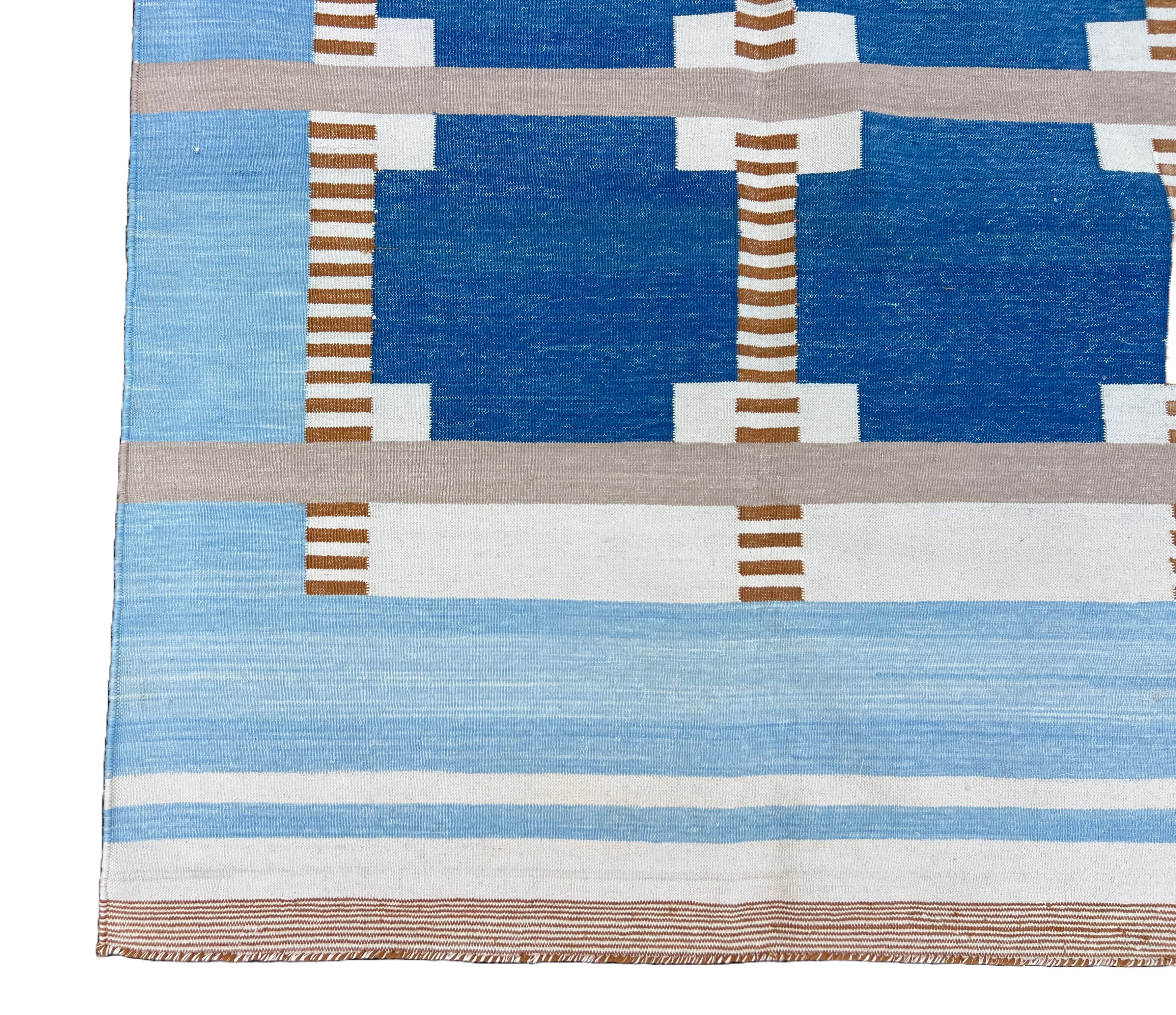 Modern Handmade Cotton Area Flat Weave Rug, Blue, Cream, Beige And Tan Geometric Dhurrie-6751