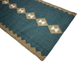 Modern Handmade New Zealand Wool Turquoise Blue, Cream And Beige Geometric Runner-6797