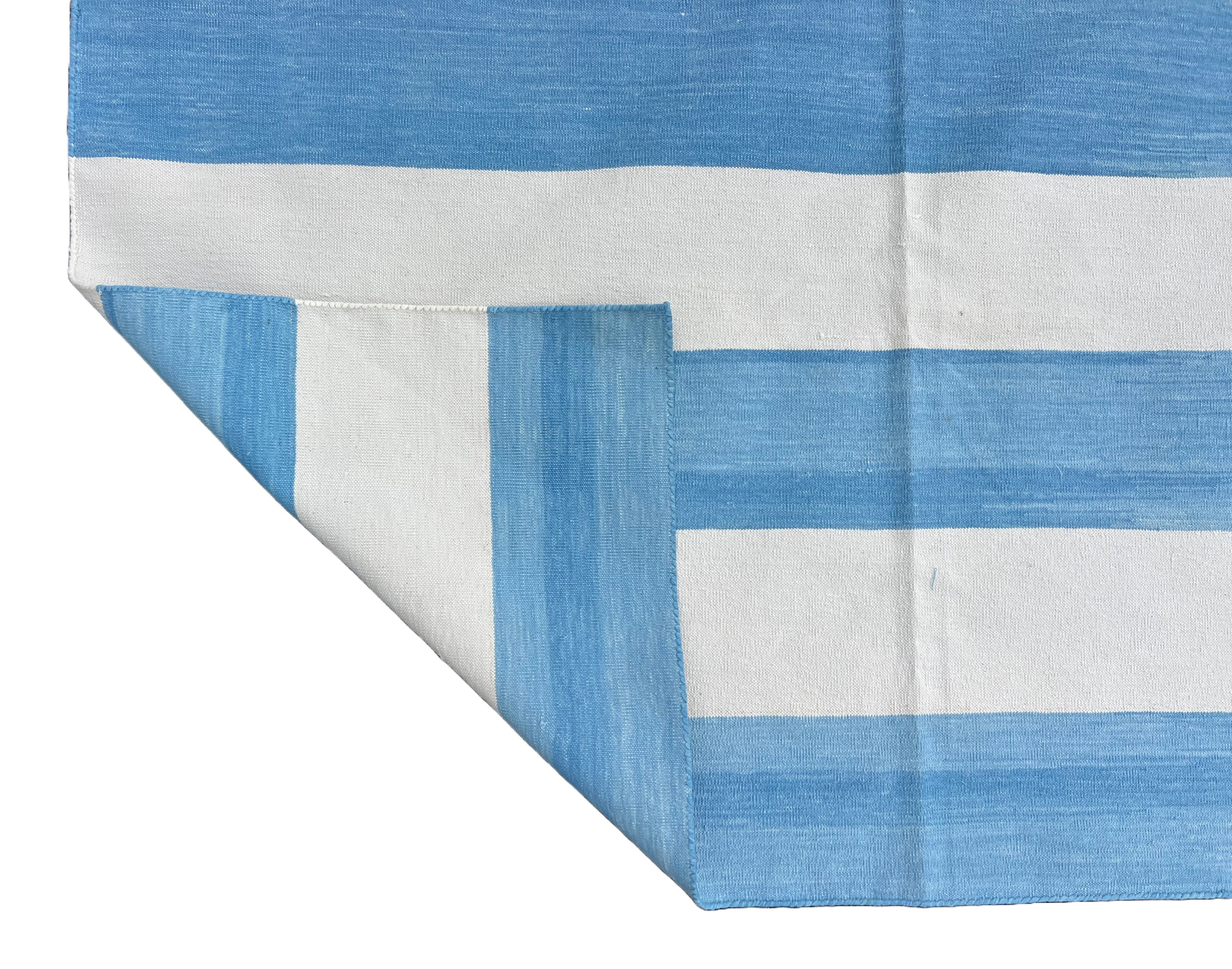 Modern Handmade Cotton Sky Blue And White Striped Area Rug-6754