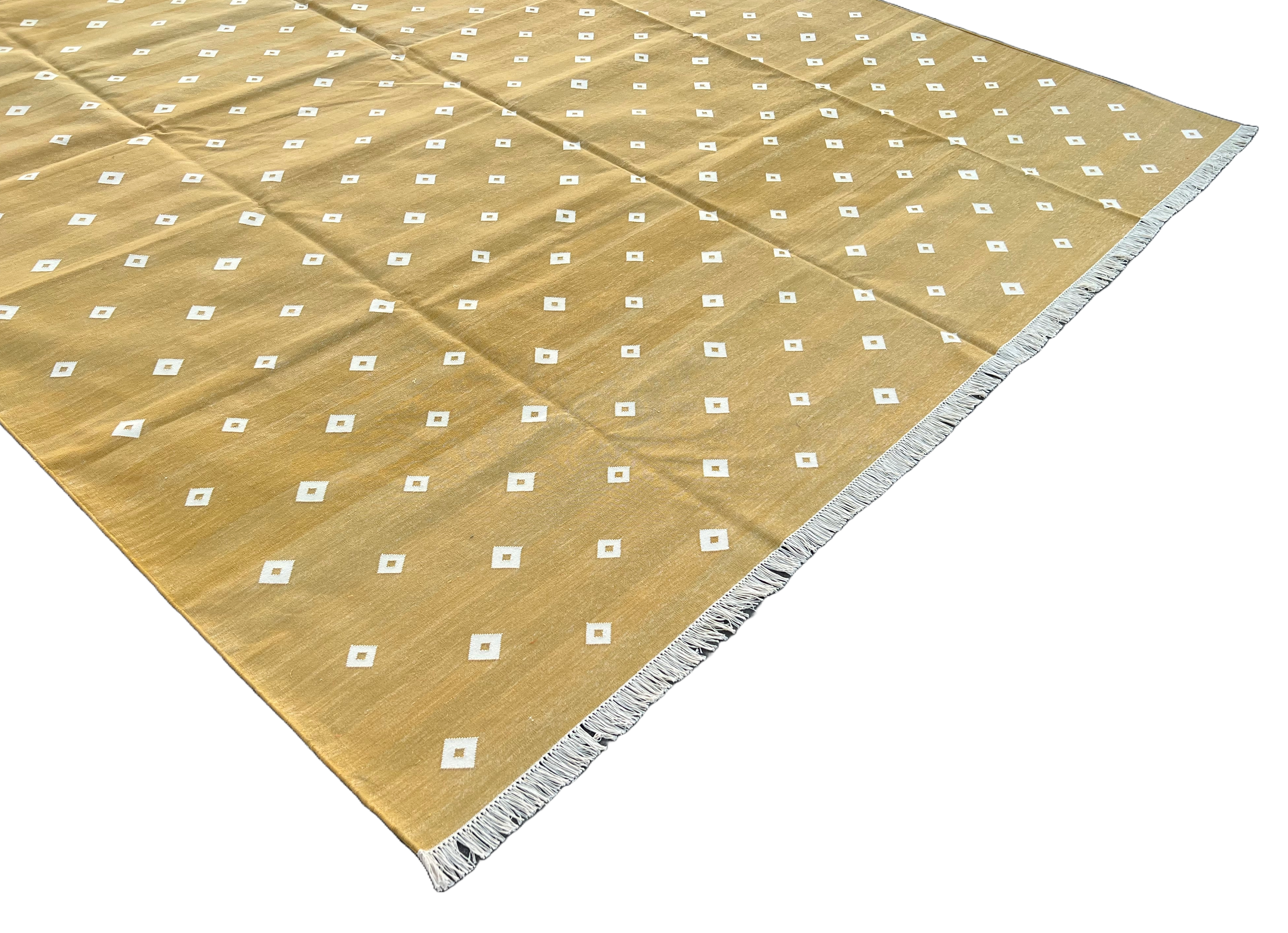 Modern Handmade Cotton Flat Weave Mustard Diamond Rug