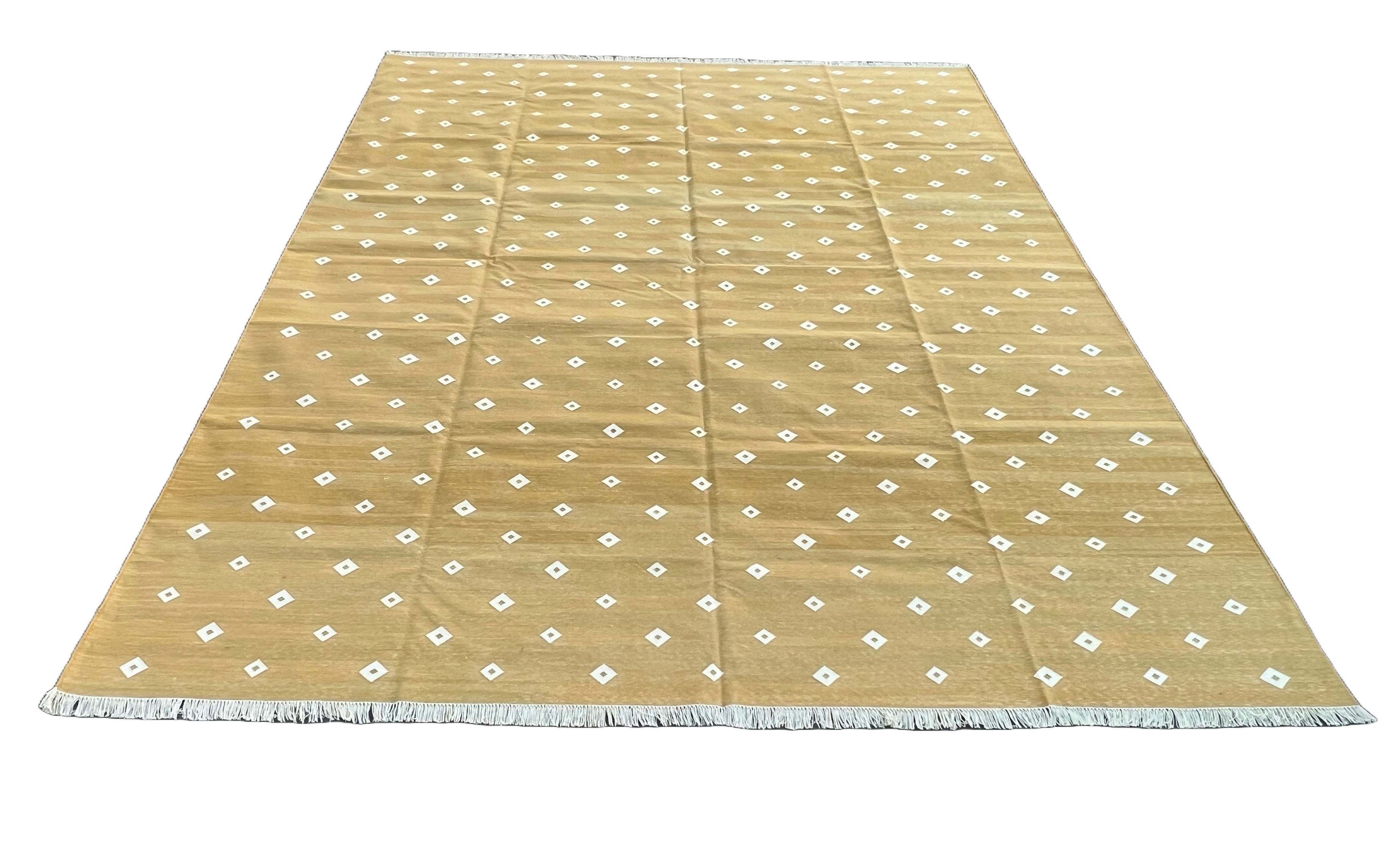 Modern Handmade Cotton Flat Weave Mustard Diamond Rug