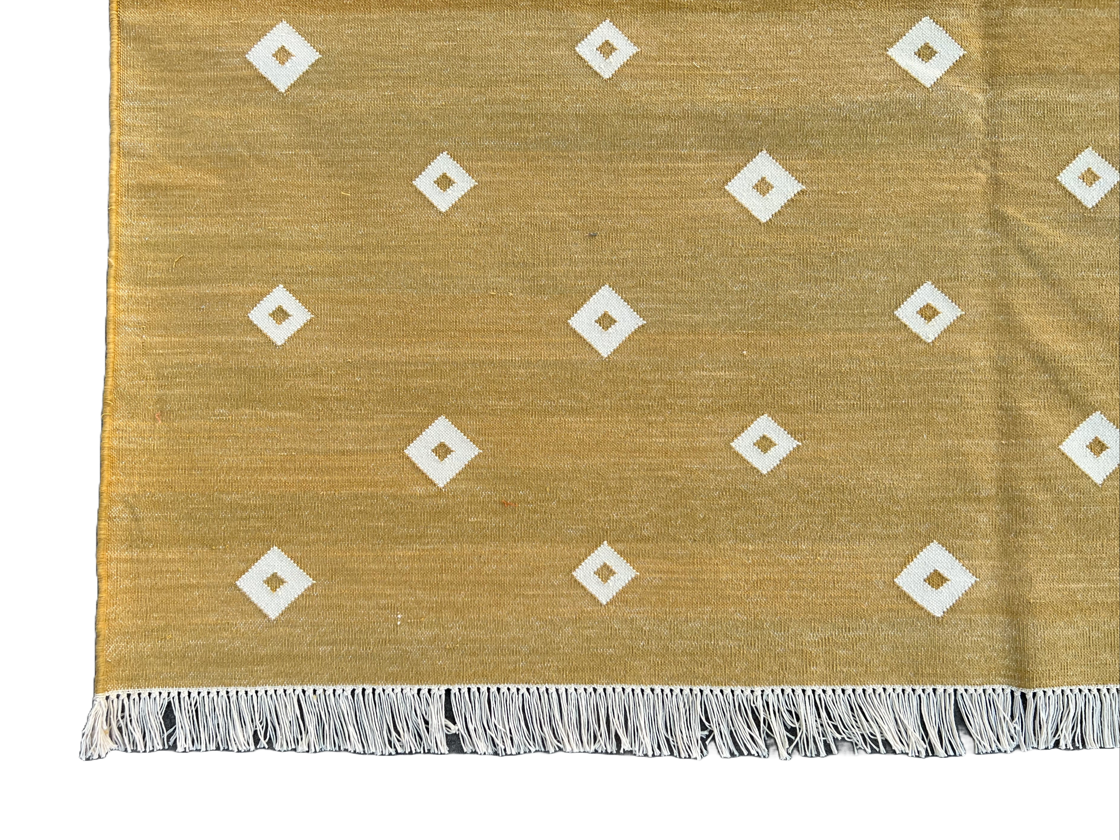 Modern Handmade Cotton Flat Weave Mustard Diamond Rug