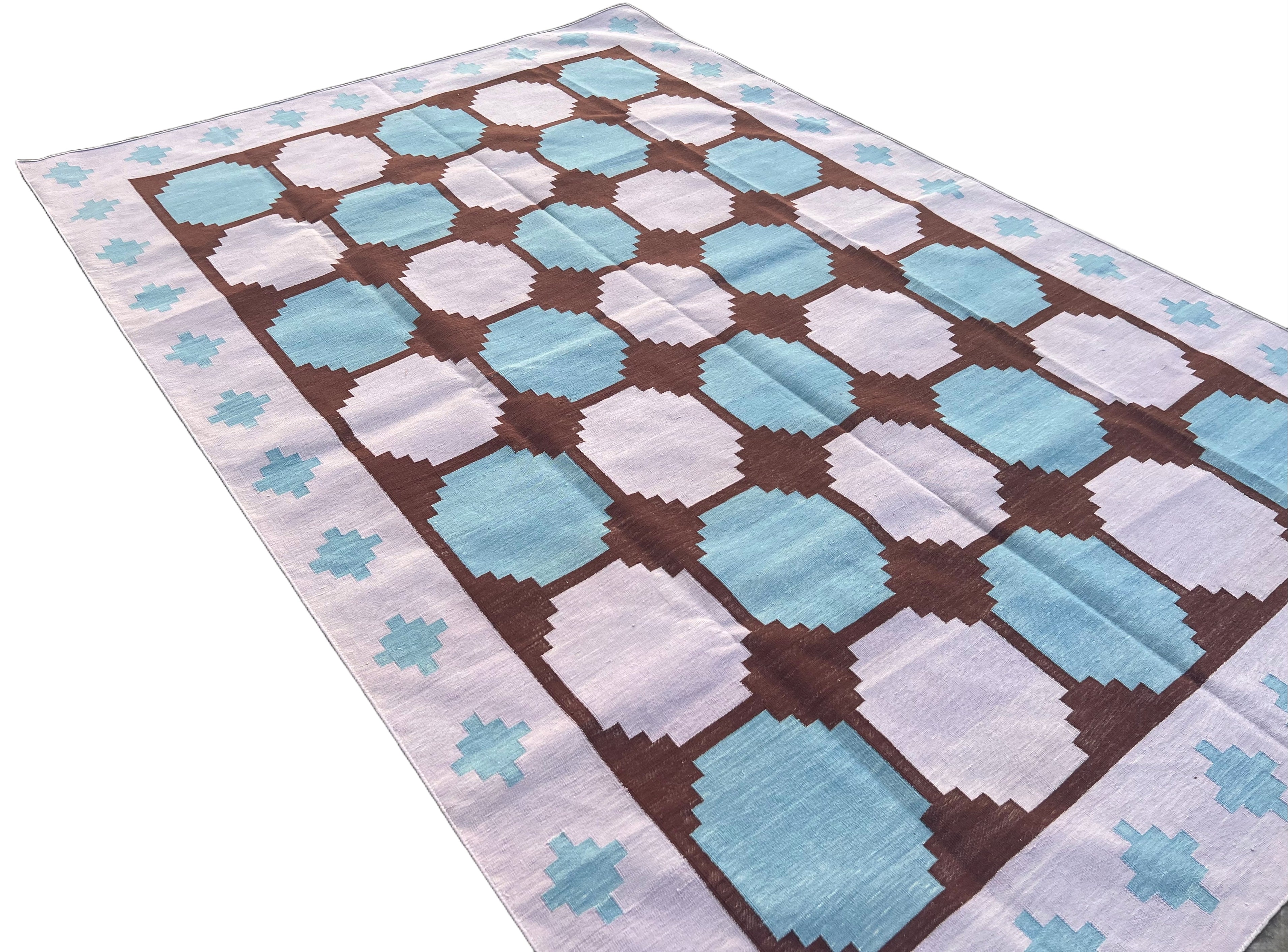 Modern Handmade Cotton Lavender And Blue Geometric Tile Star Rug-6539