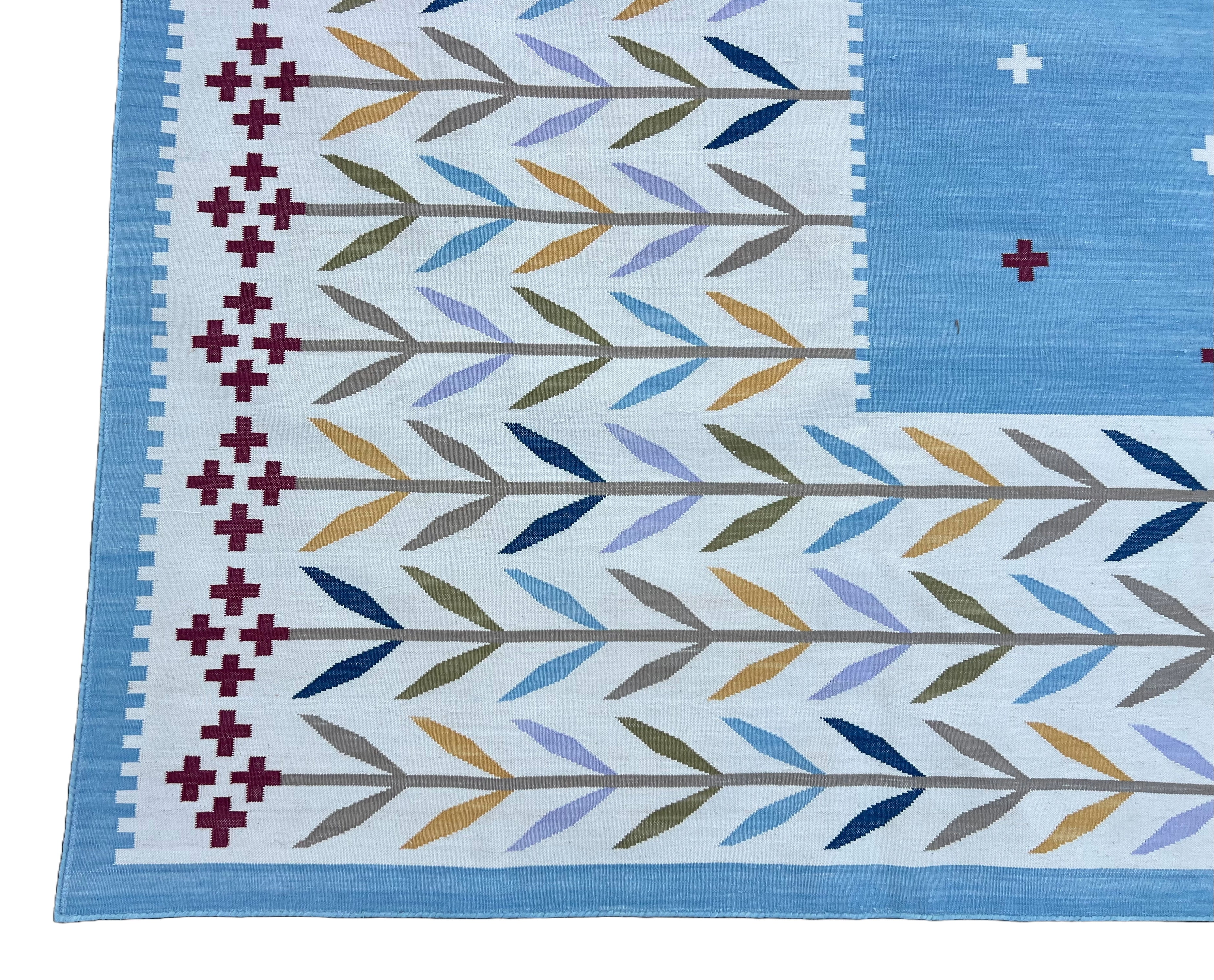 Modern Handmade Cotton Area Flat Weave Rug, Natural Vegetable Dyed, Sky Blue And Cream Leaf Indian Dhurrie