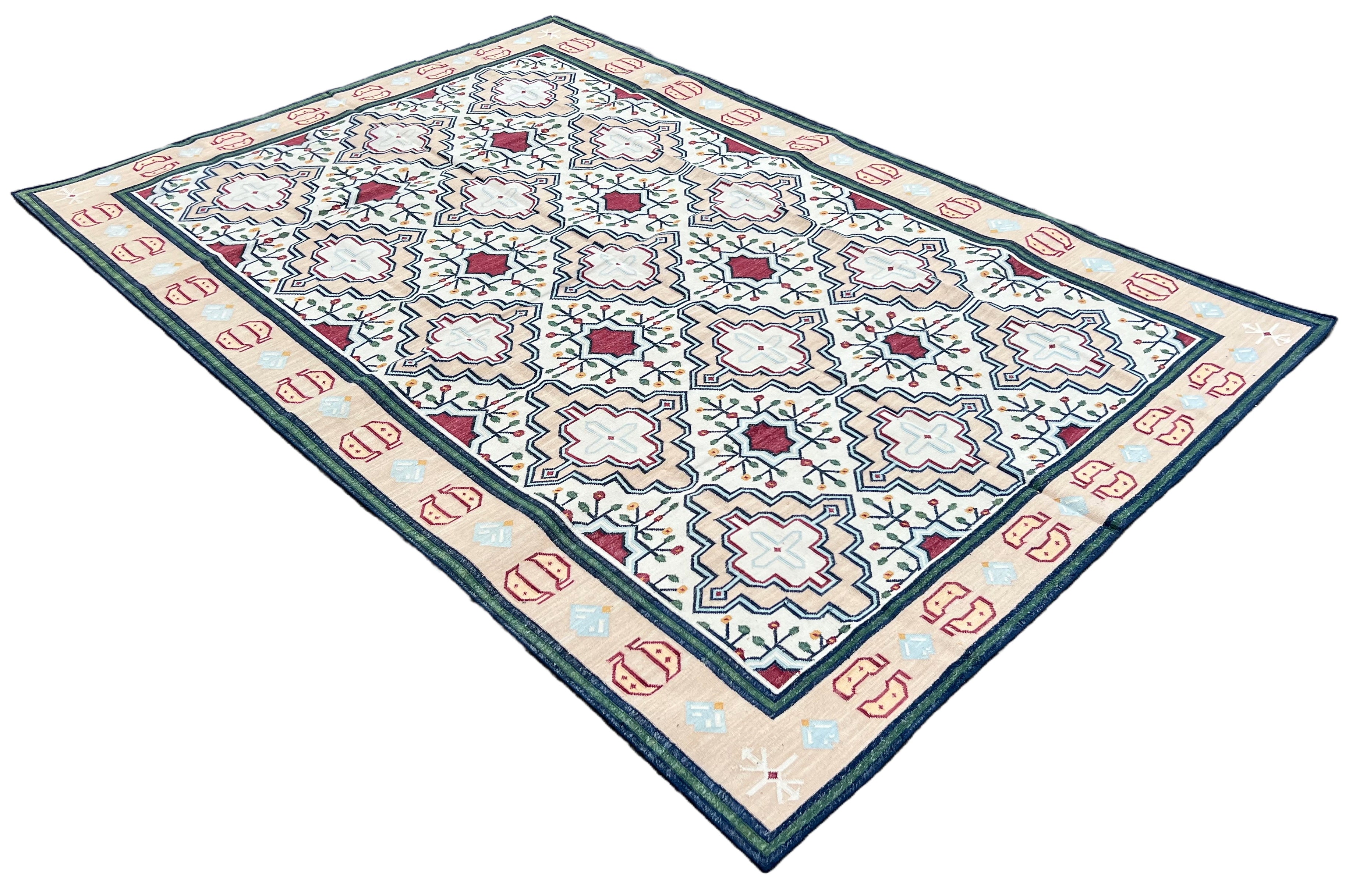 Modern Handmade Cotton Cream, Peach Red Leaf Geometric Indian Dhurrie-6741