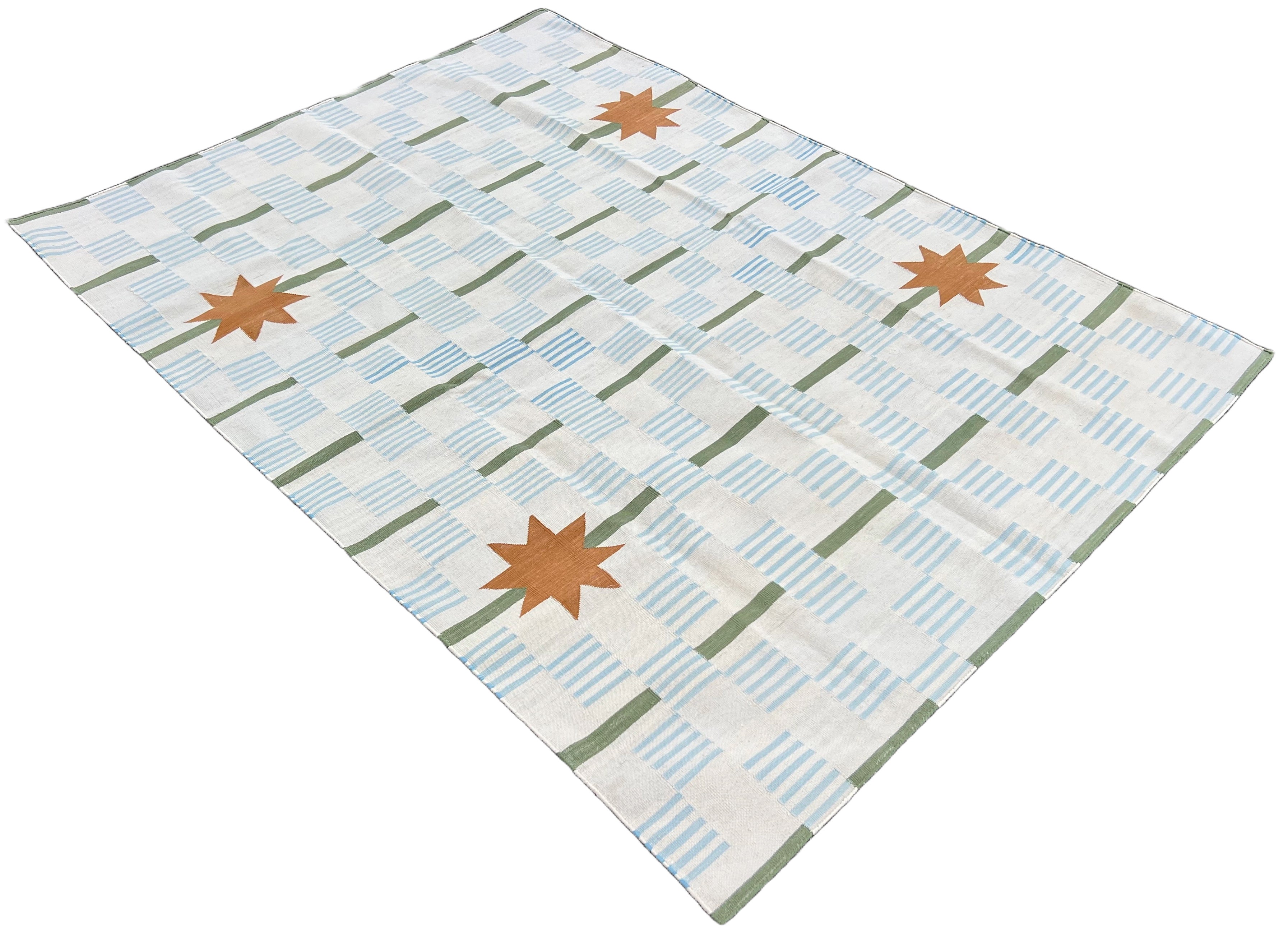 Modern Handmade Cotton Cream, Blue, Green And Tan Star Dash Striped Rug-6740