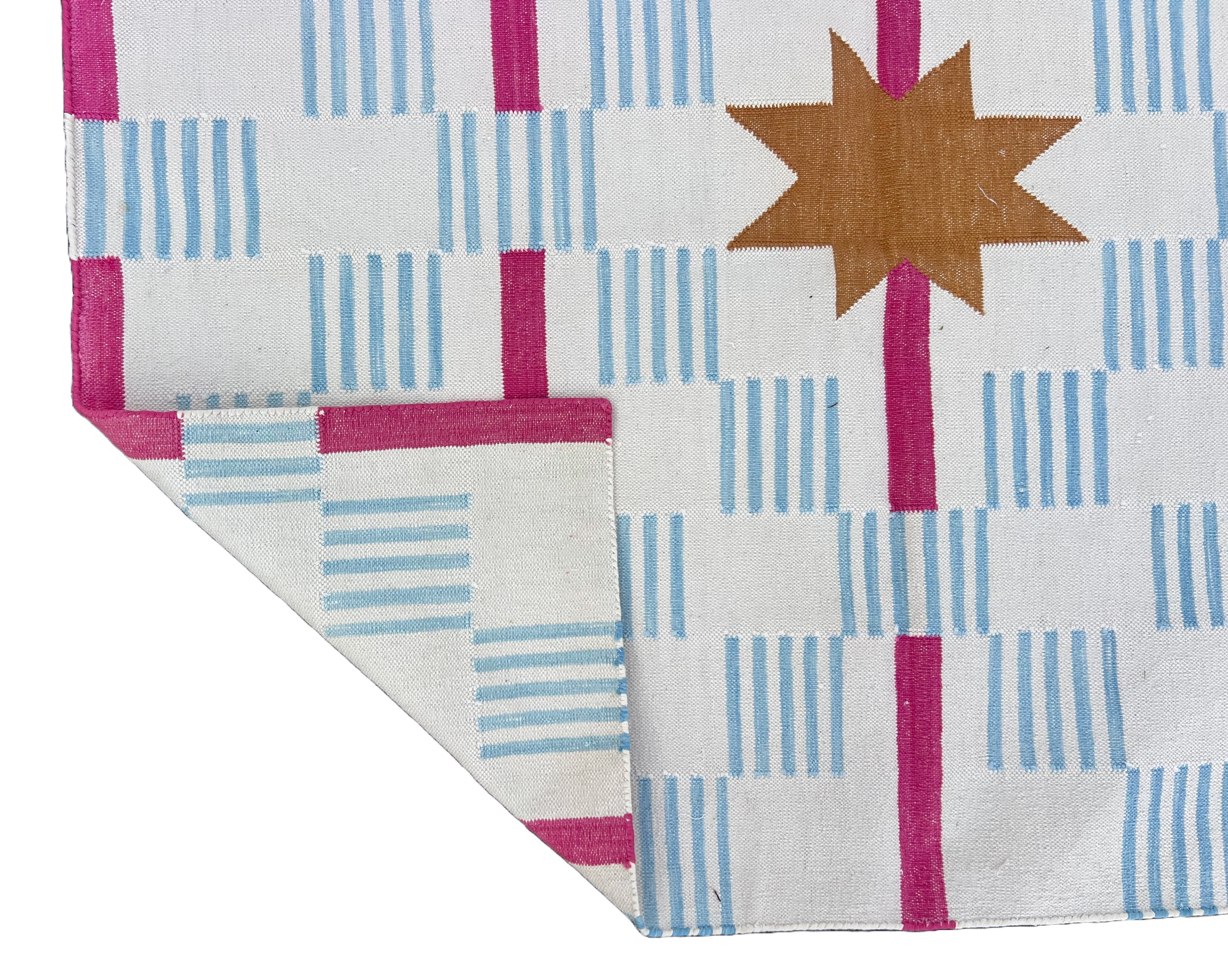 Modern Handmade Cotton Cream, Sky Blue Tan And Pink 4x14 Feet Star And Dash Runner-6749