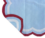 Modern Handmade Cotton Sky Blue, Cream and Red Scalloped Rug-9648
