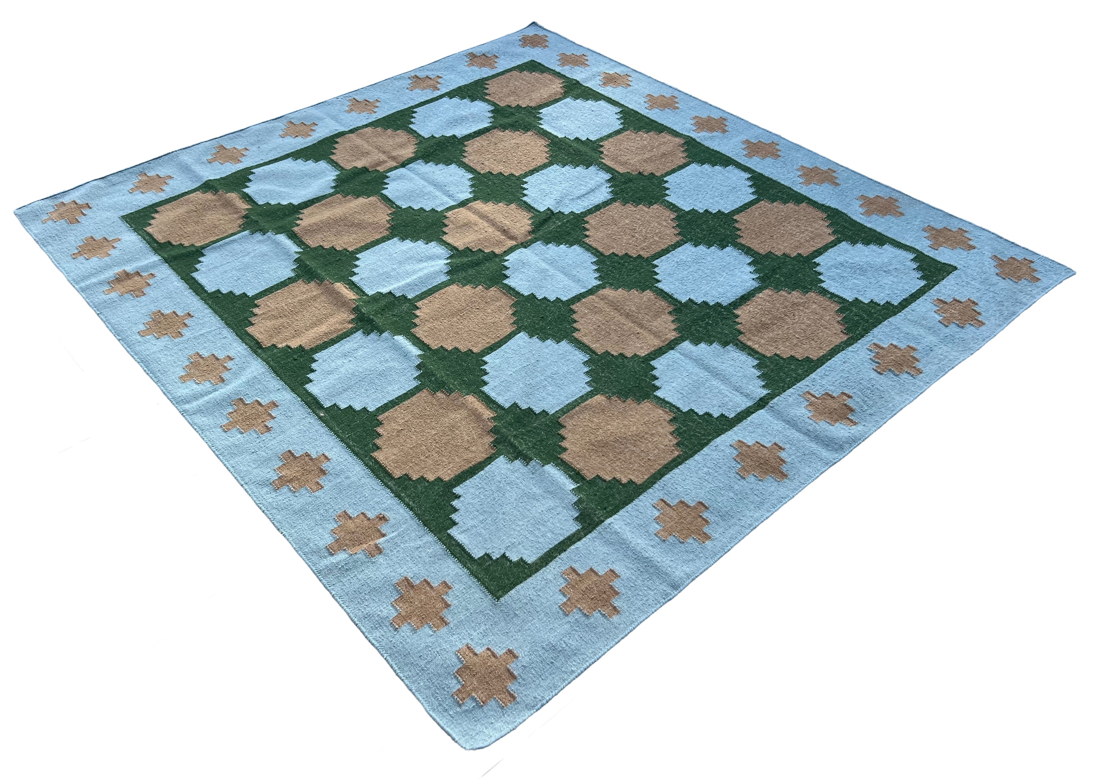 Modern Handmade New Zealand Wool Sky Blue, Beige And Green Tile Swedish Rug-6810