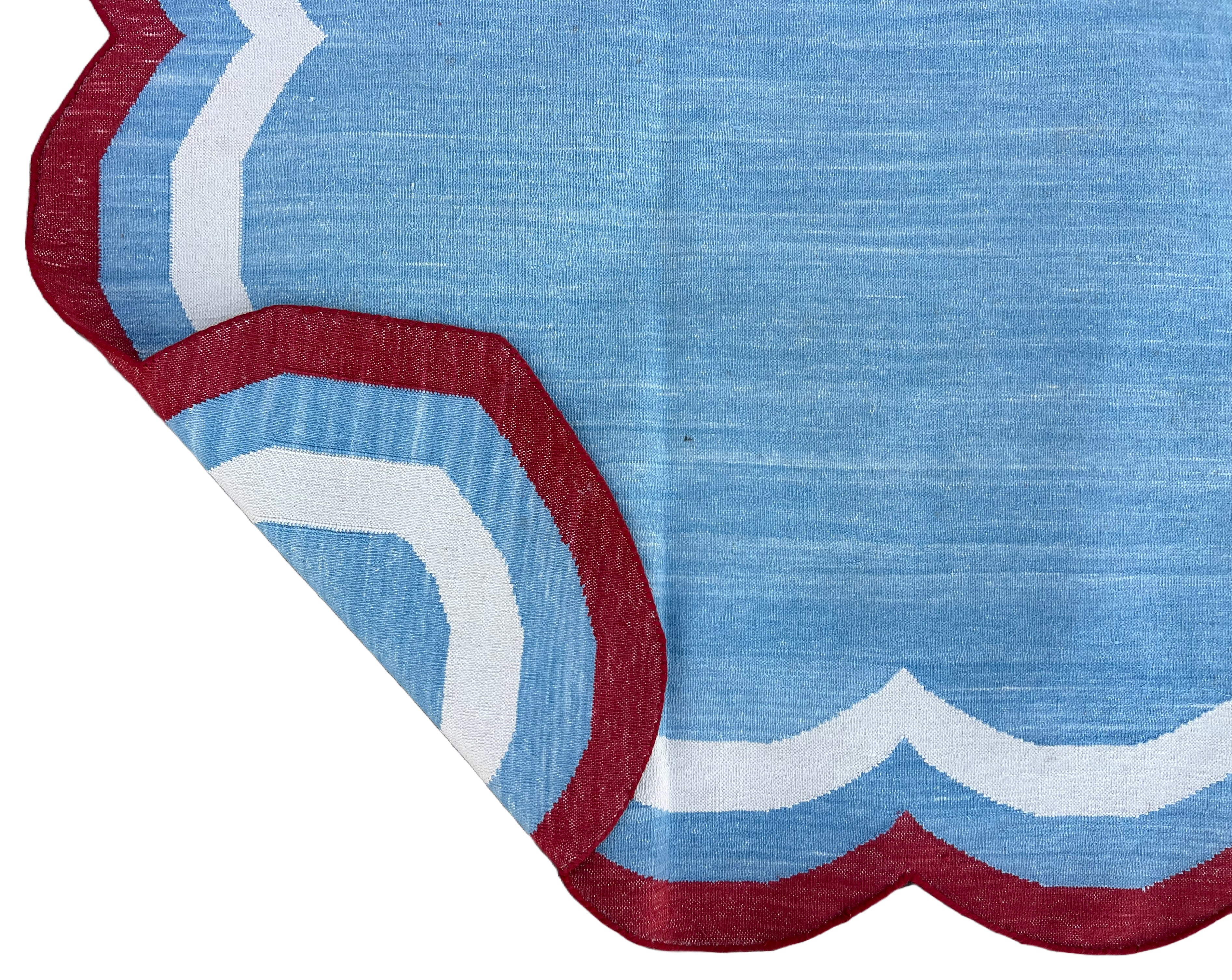 Modern Handmade Cotton Sky Blue, Cream and Red Scalloped Rug-9651