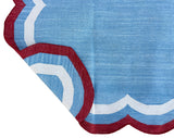 Modern Handmade Cotton Sky Blue, Cream and Red Scalloped Rug-9651