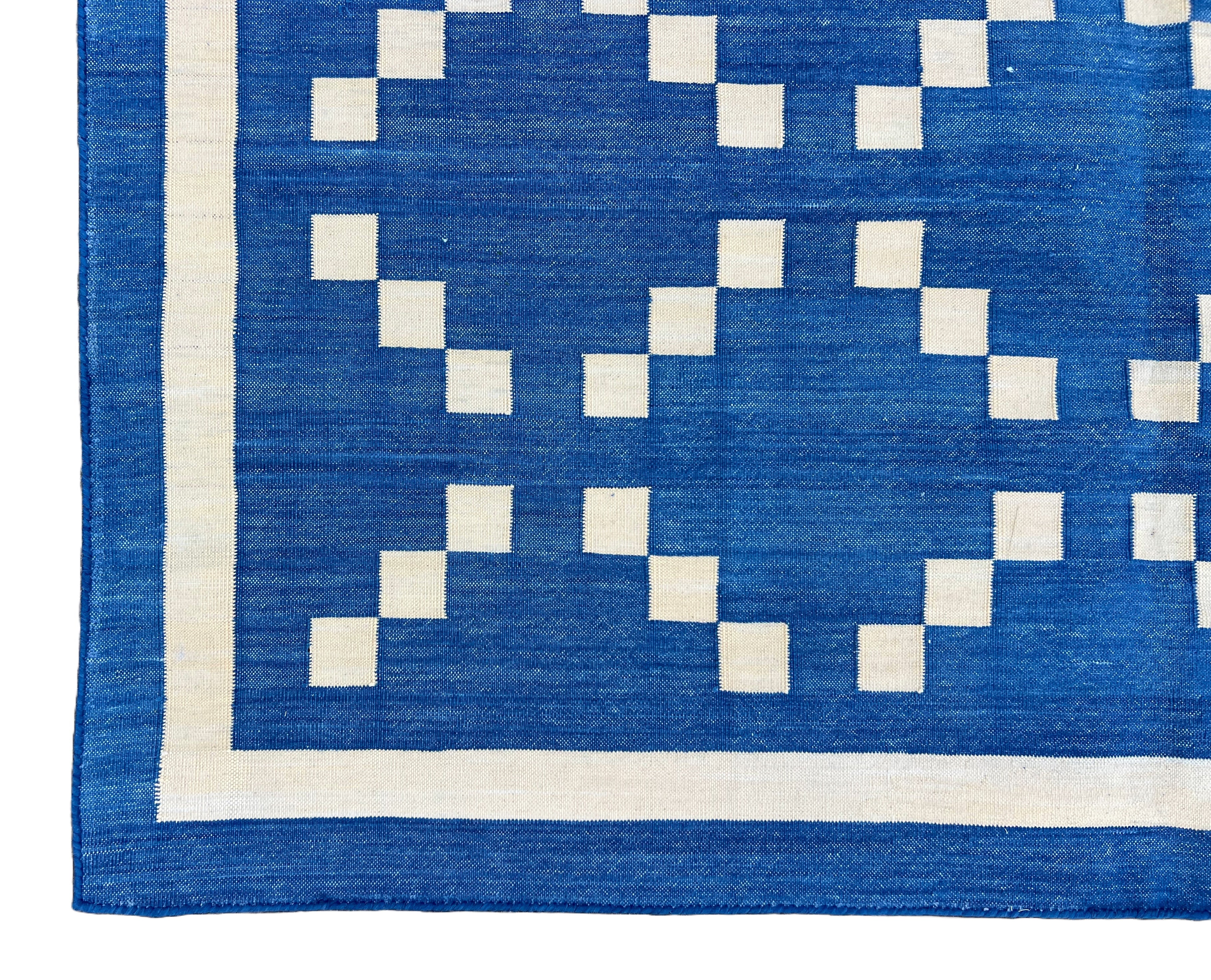 Modern Handmade Cotton Indigo Blue And Cream Diamond Rug-6738