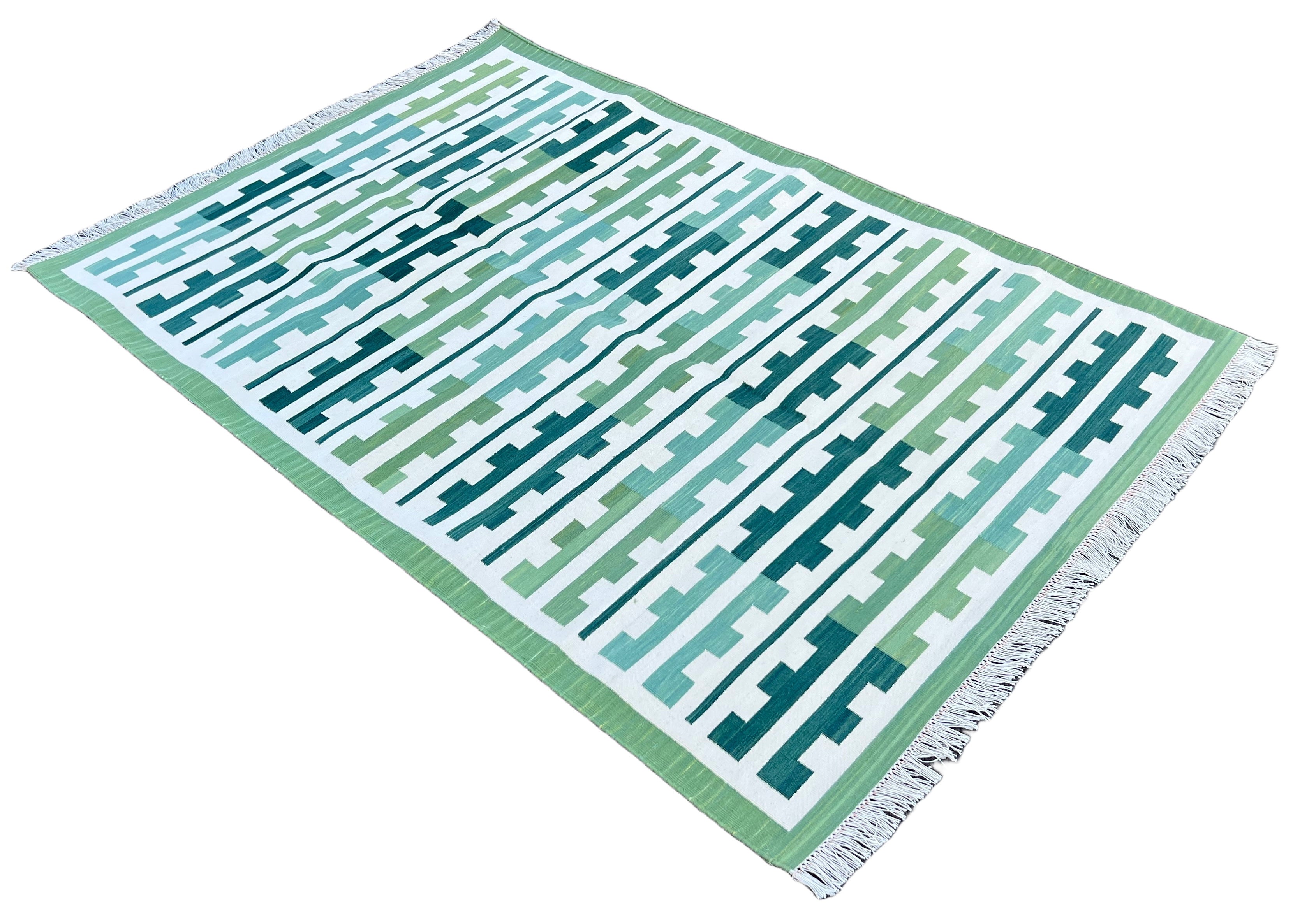 Modern Handmade Cotton Green And Cream Marianne Striped Rug-6739