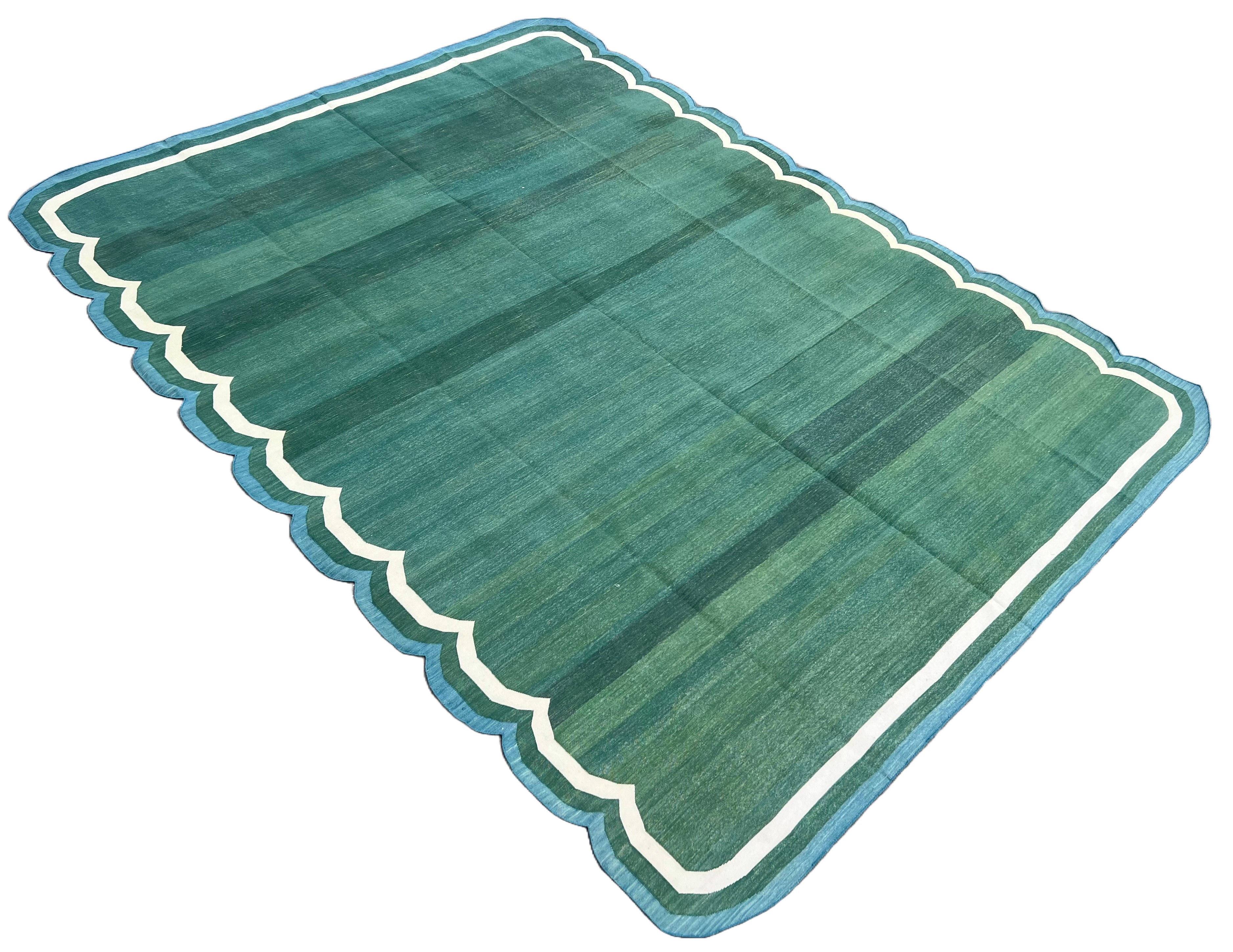 Modern Handmade Cotton Forest Green, Cream and Teal Blue Scalloped Rug-9649