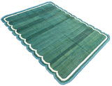 Modern Handmade Cotton Forest Green, Cream and Teal Blue Scalloped Rug-9649