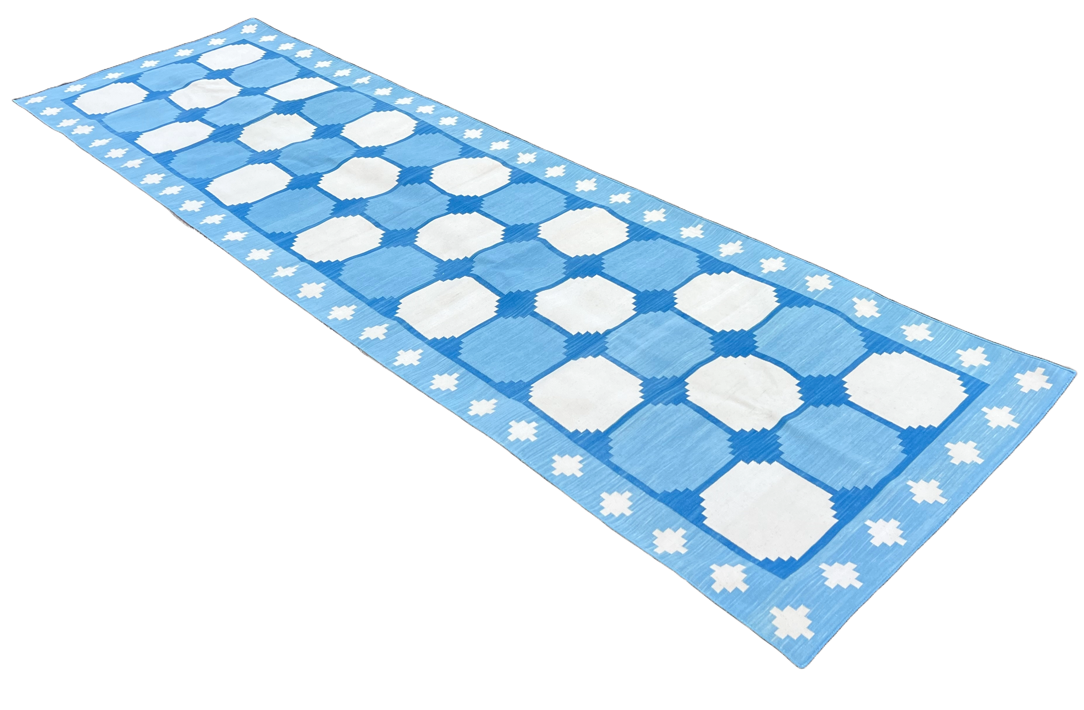 Modern Handmade Cotton Sky Blue And White Tile Swedish Runner-6733