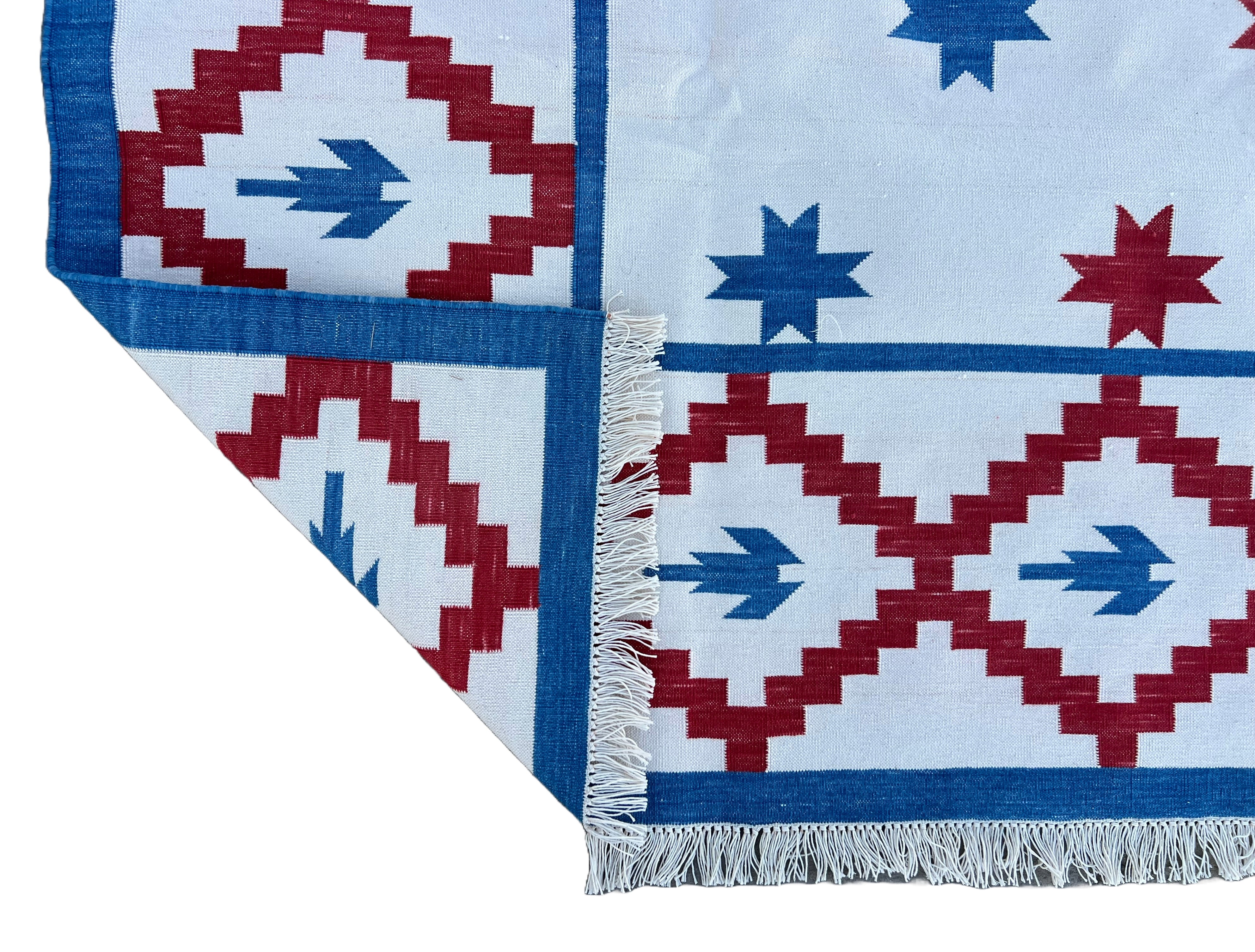Modern Handmade Cotton Cream, Blue And Red Geometric/ Star Rug - MC-6726