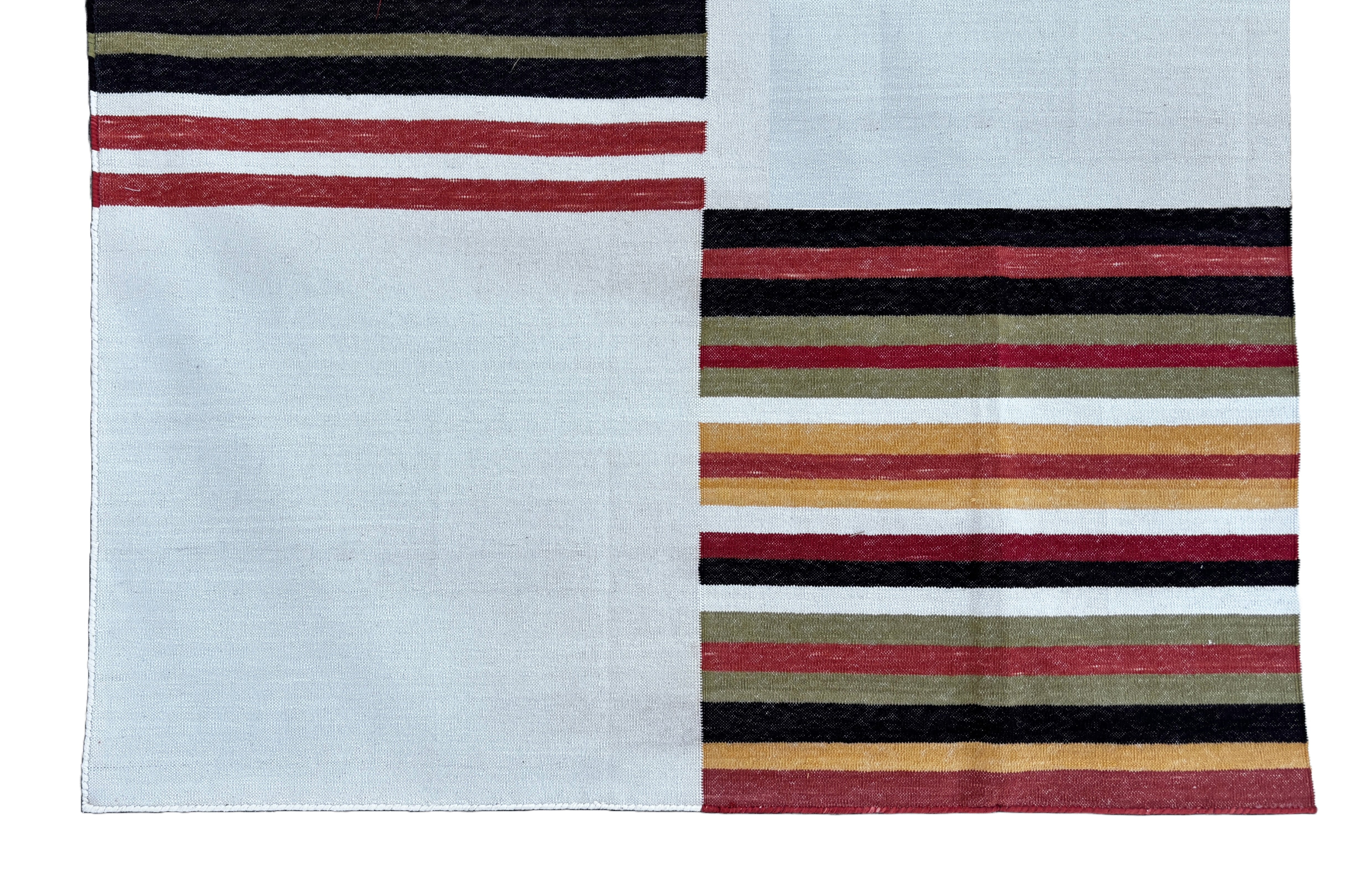 Modern Handmade Cotton Rug, 10x10 Cream, Red, Green, Brown Tile Striped Rug-6768
