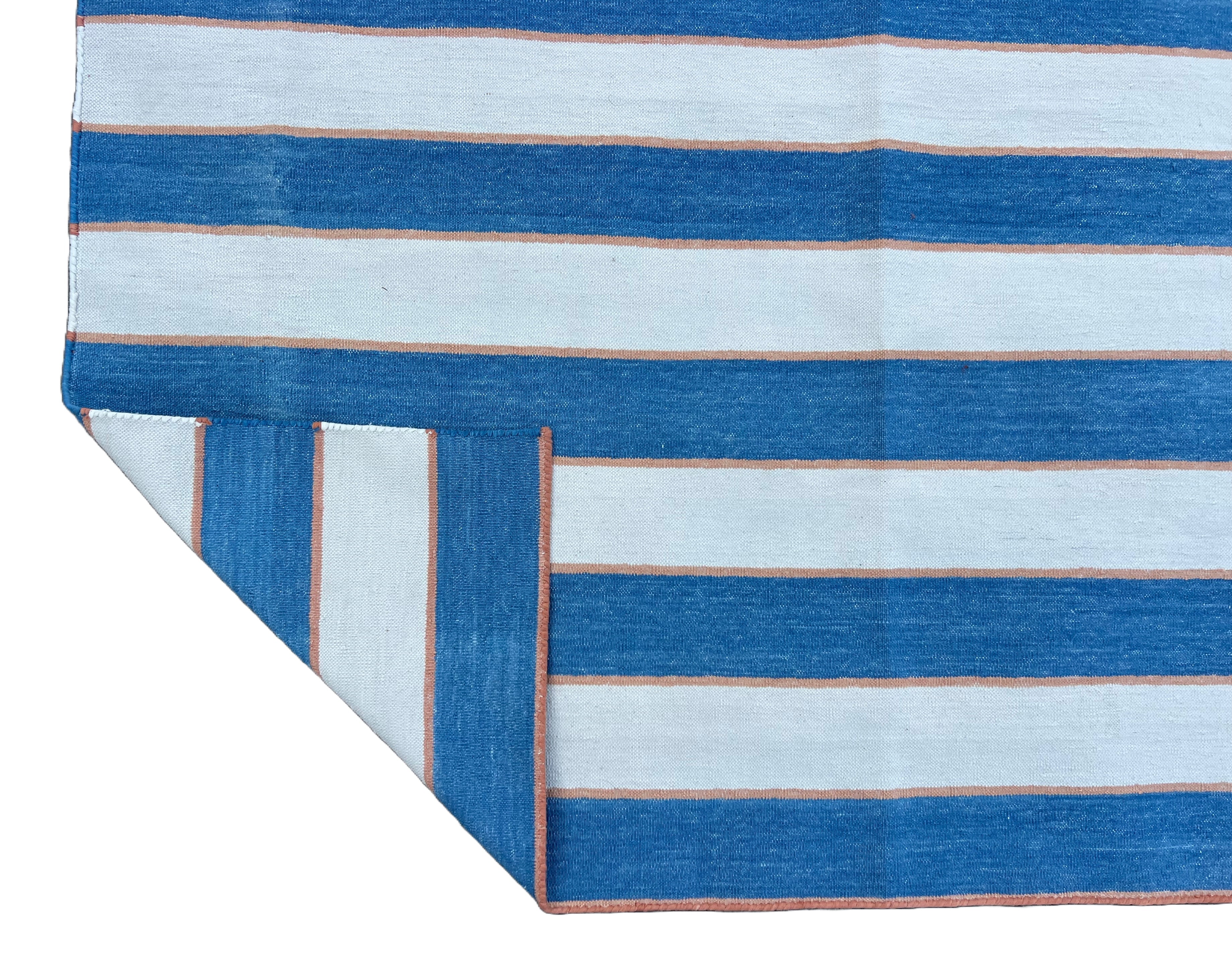 Modern Handmade Cotton Blue And Cream Striped Rug-6702