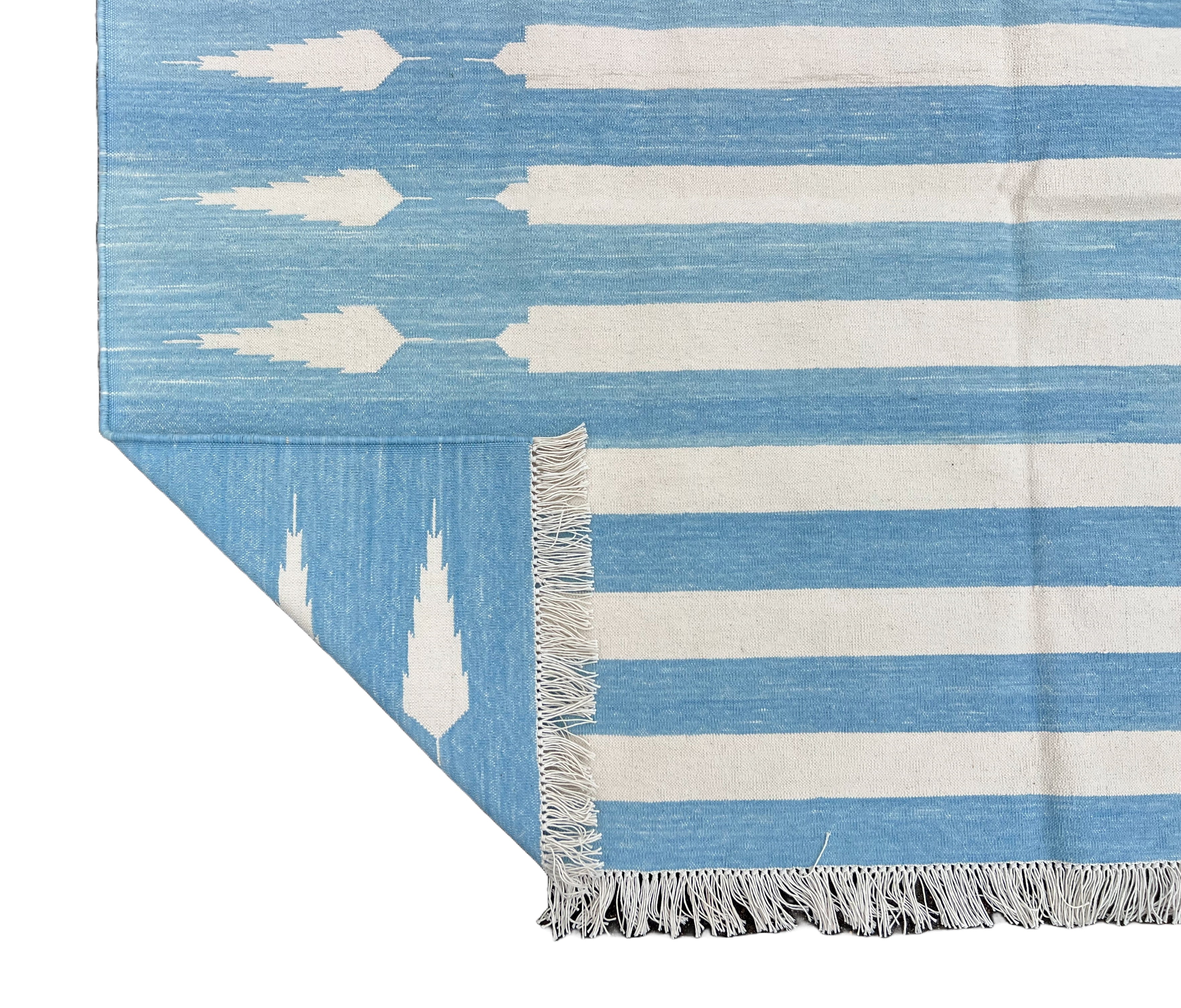 Modern Handmade Cotton Sky Blue And White Arrow Striped Rug-6746