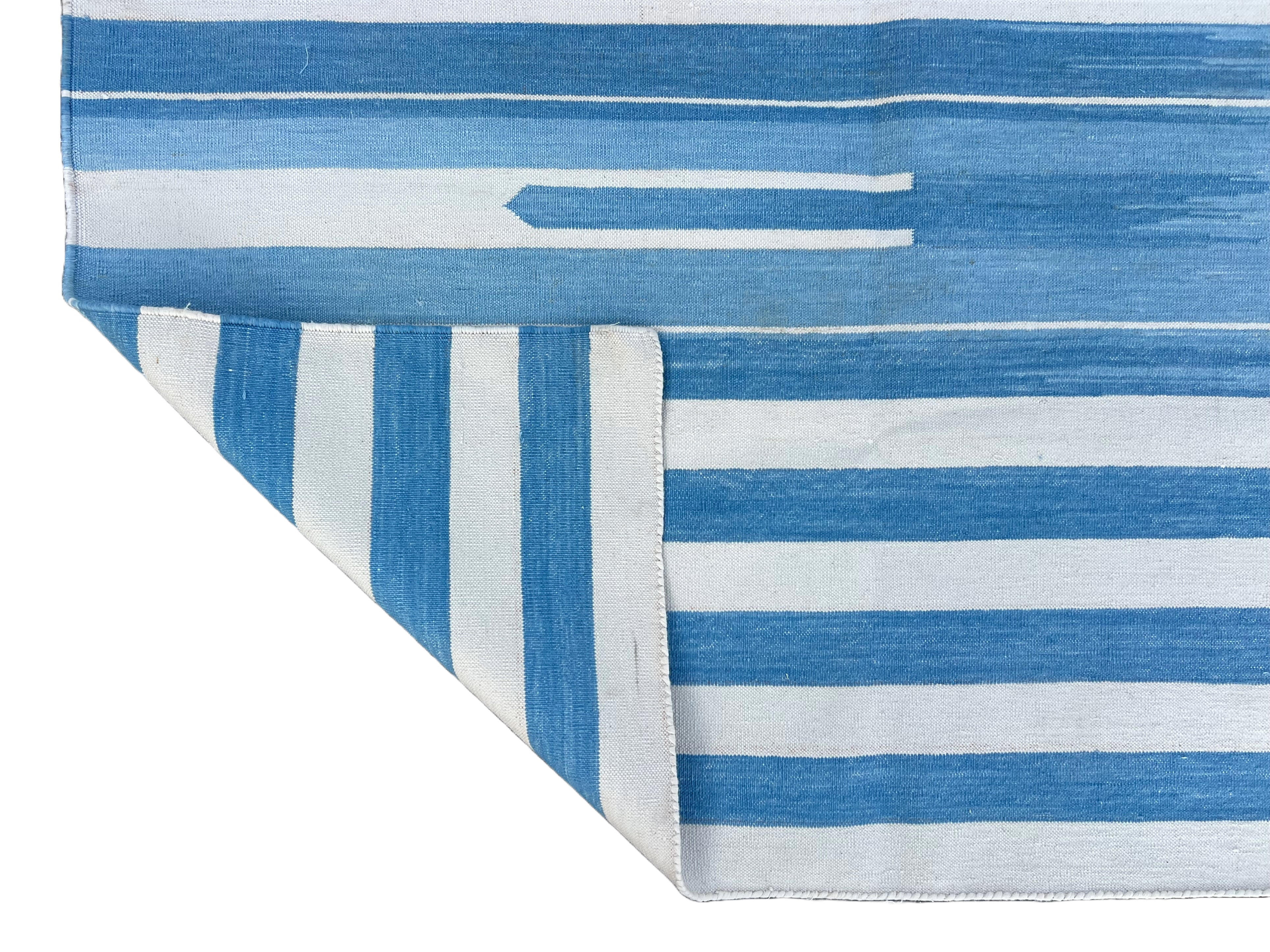 Modern Handmade Cotton Blue And White Candle Striped Rug-6745