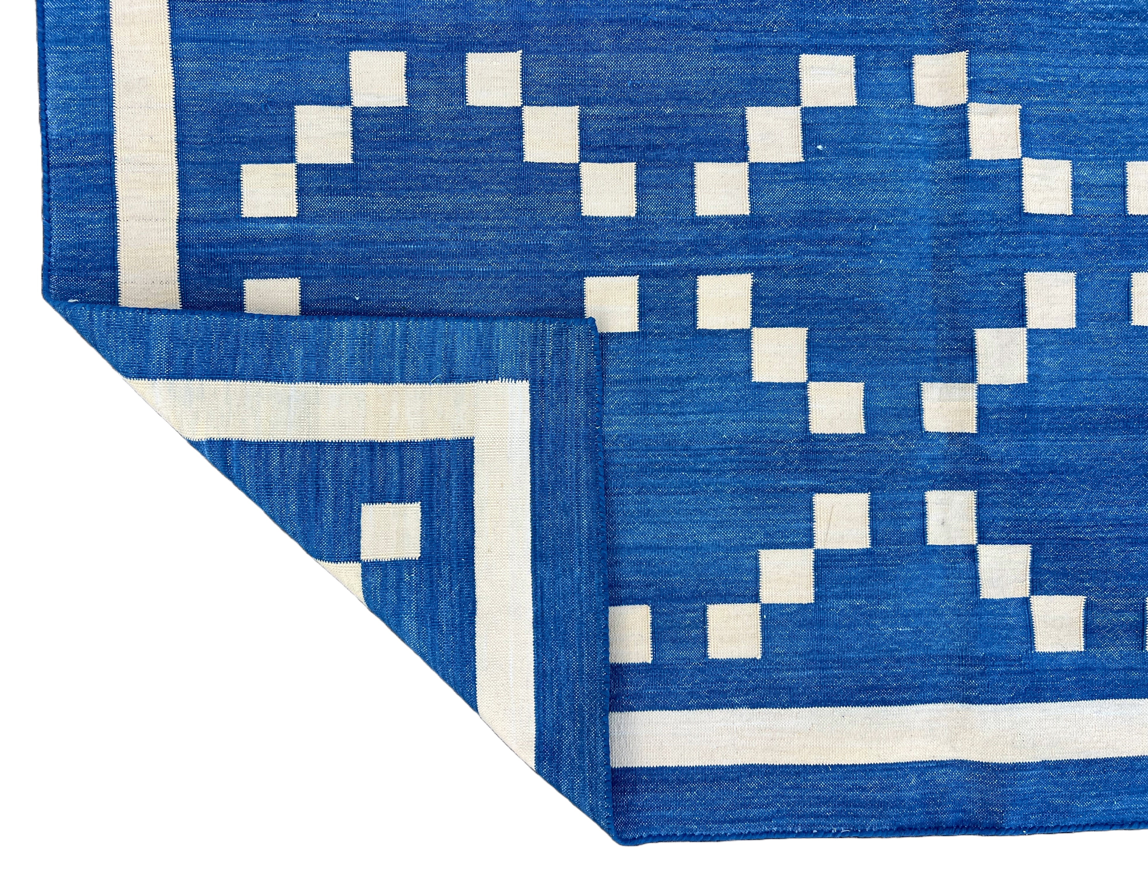 Modern Handmade Cotton Indigo Blue And Cream Diamond Rug-6738