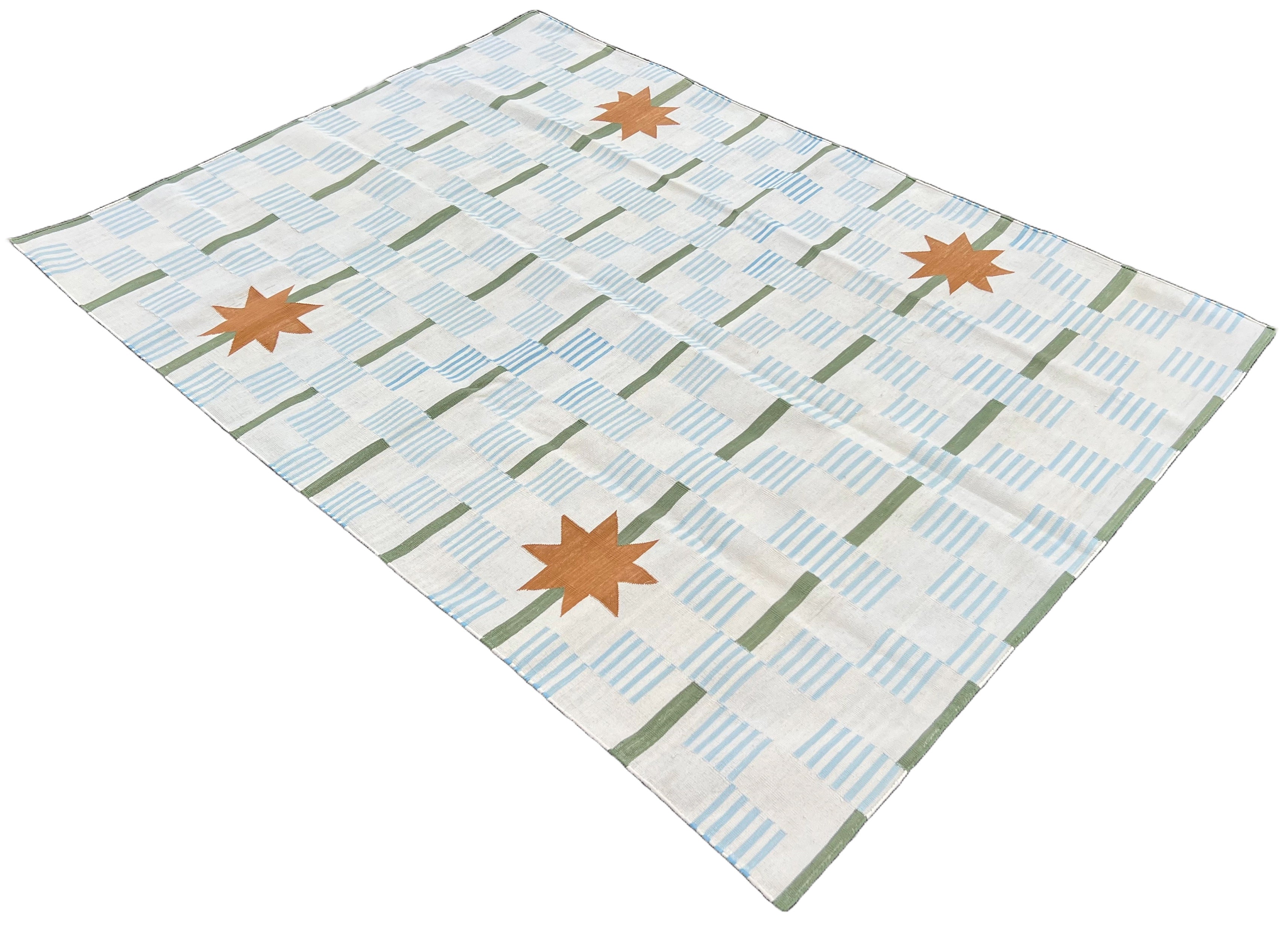 Modern Handmade Cotton Cream, Blue, Green And Tan Star Dash Striped Rug-6740